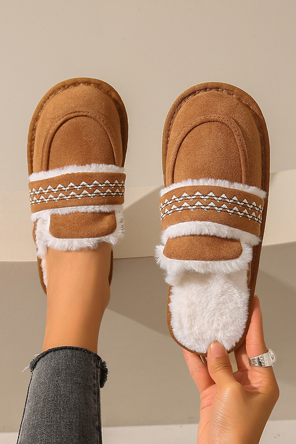 Chestnut Suede Wavy Striped Plush Lined Slippers (Run Small, Size Up) - loveforevers