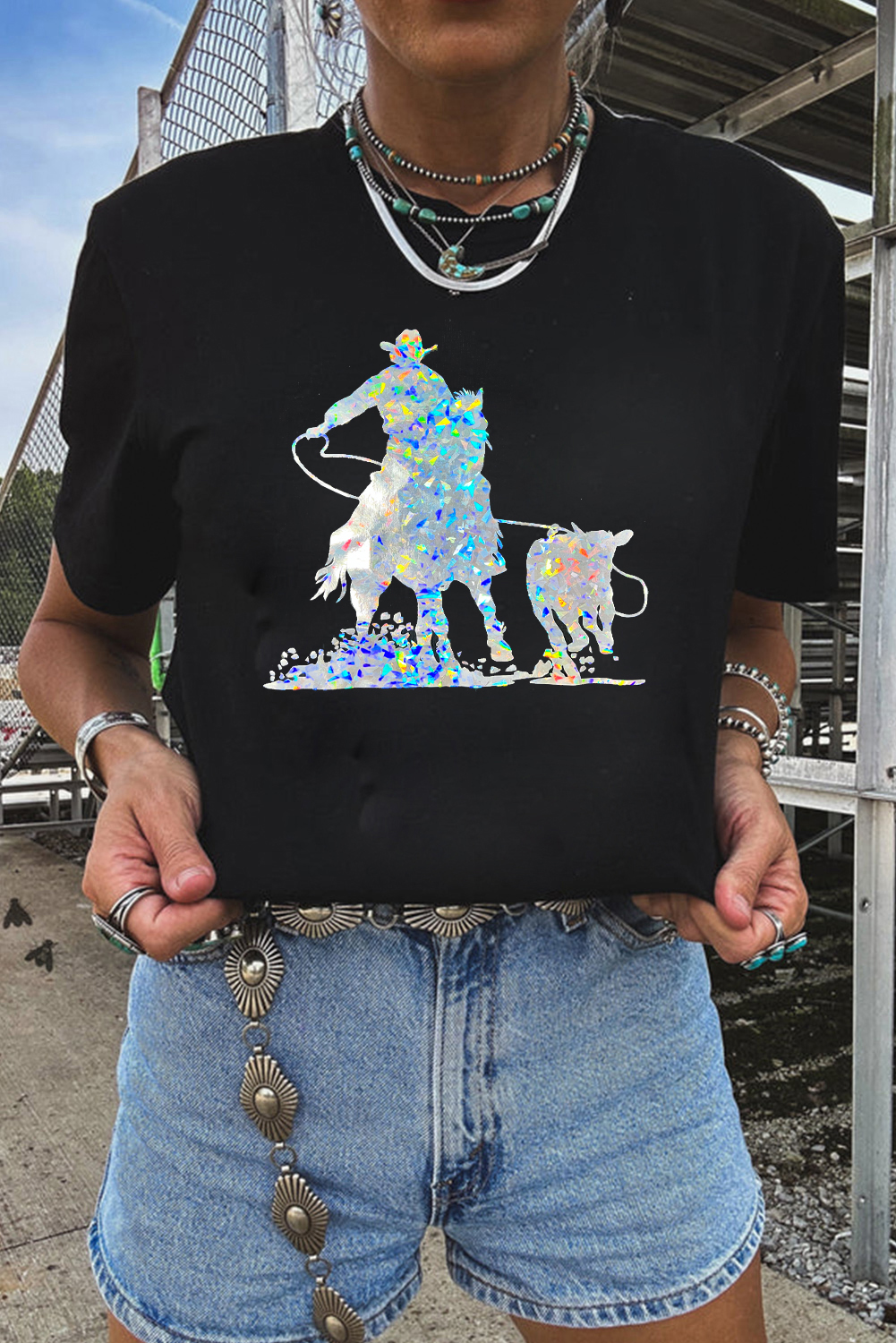 Black Laser Western Cowboy Graphic Crewneck Tee - loveforevers