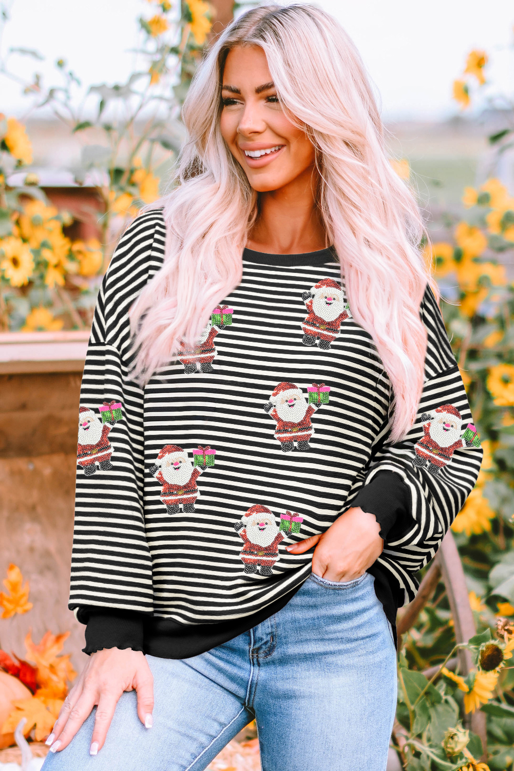 Black Stripe Santa Delivery Gift Sequin Patched Graphic Long Sleeve Top - loveforevers