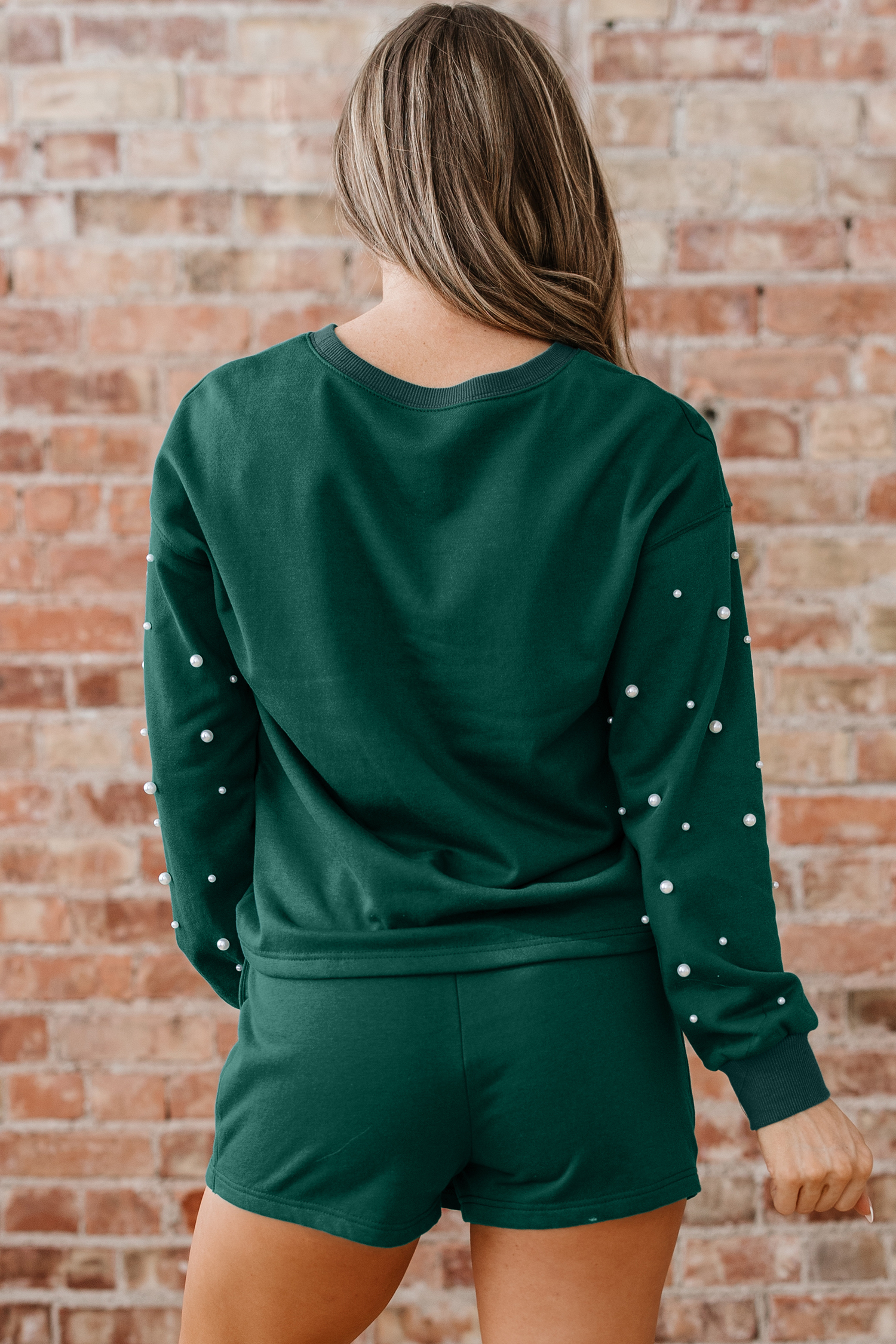 Dark Green Pearl Embellished Drop Shoulder Pullover Elastic Waist Mini Skirt Set - loveforevers