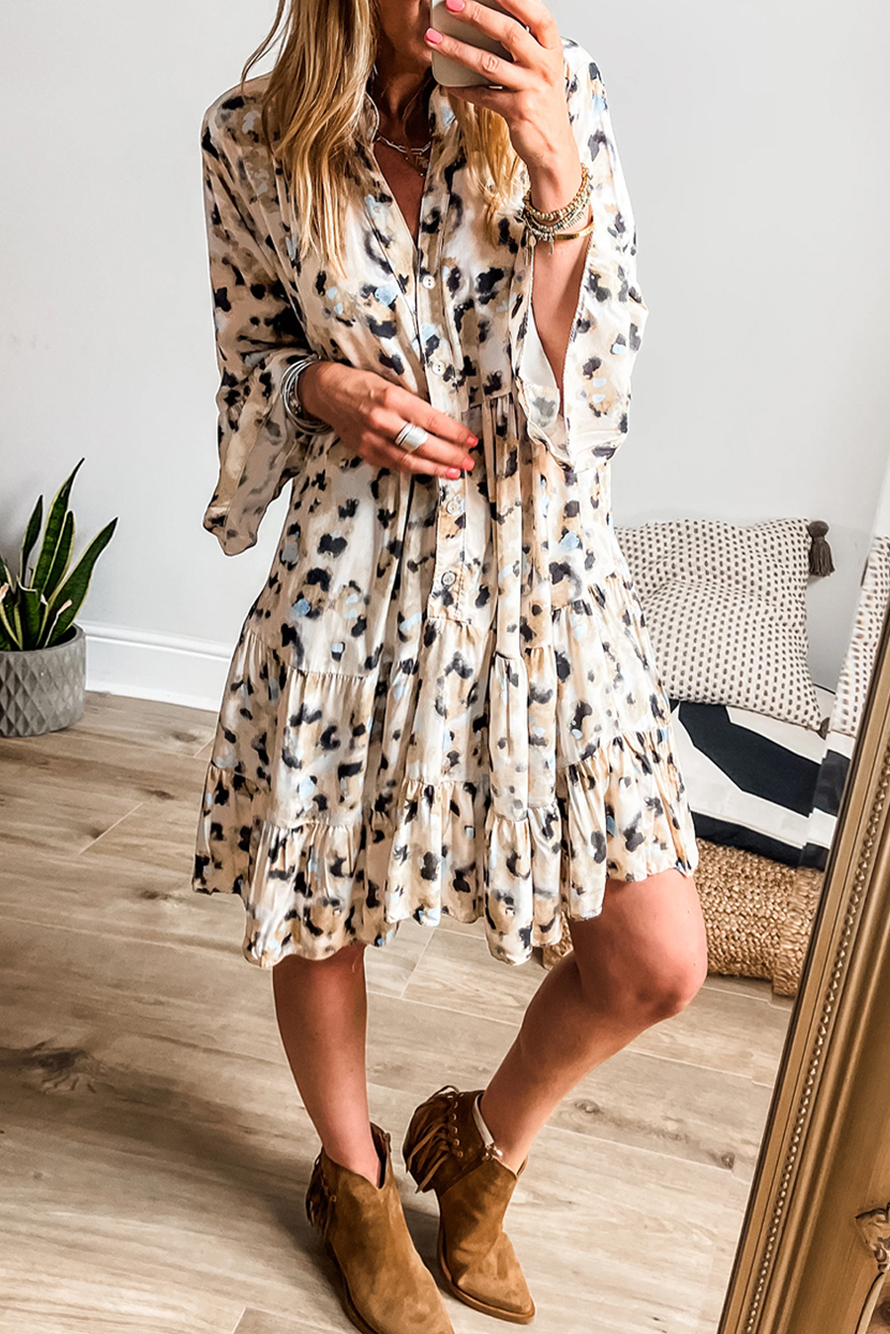 Khaki Leopard Print Buttoned Front 3/4 Sleeve Tiered Ruffled Hem Dress - loveforevers