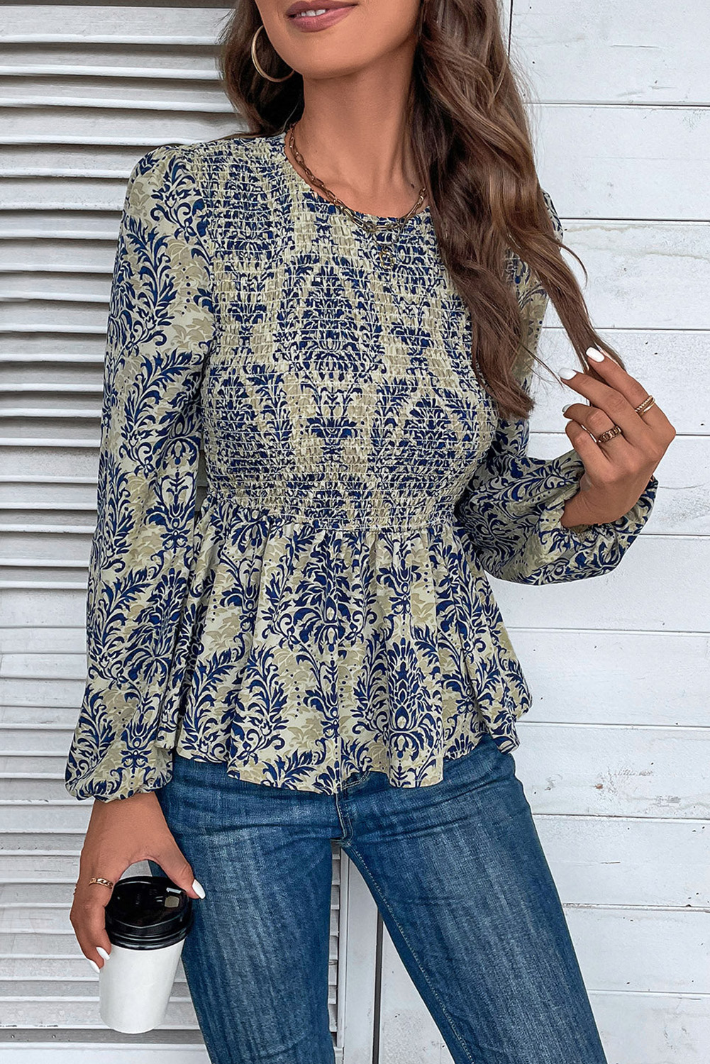 Sky Blue Boho Printed Balloon Sleeve Smocked Peplum Blouse - loveforevers