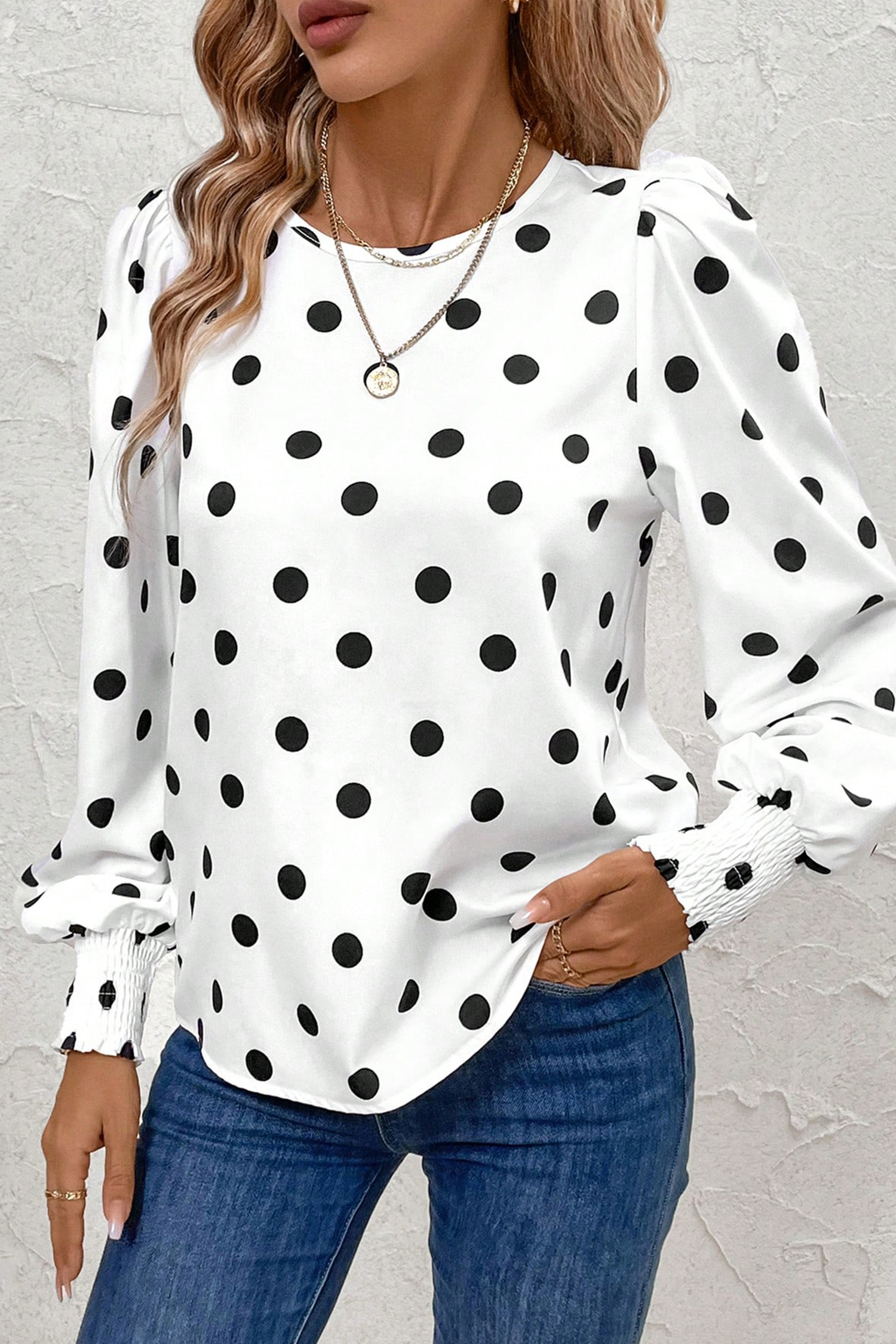 White Polka Dot Print Round Neck Frilled Long Sleeve Blouse - loveforevers