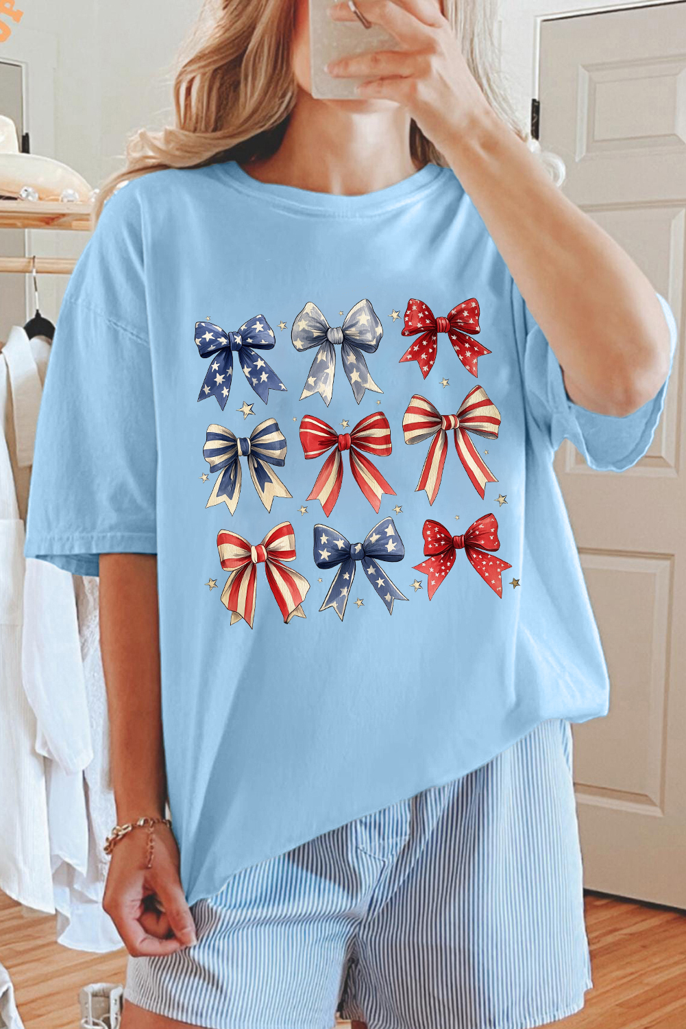 Light Blue Independence Day Bowknot Graphic Tee - loveforevers