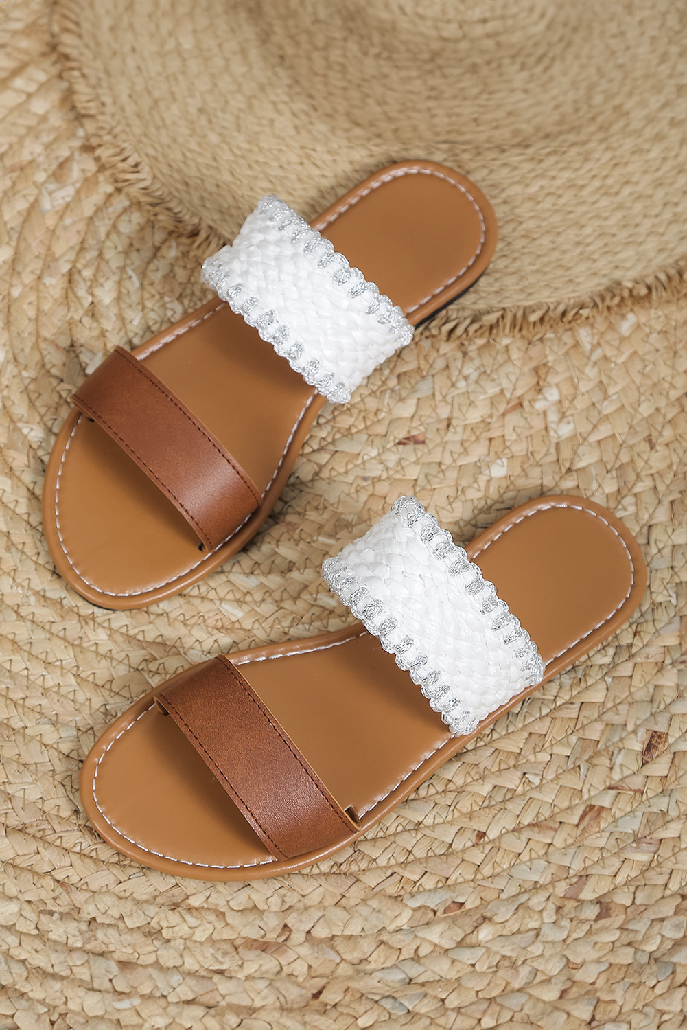 Chestnut Faux Leather Woven Strap Flat Slippers - loveforevers