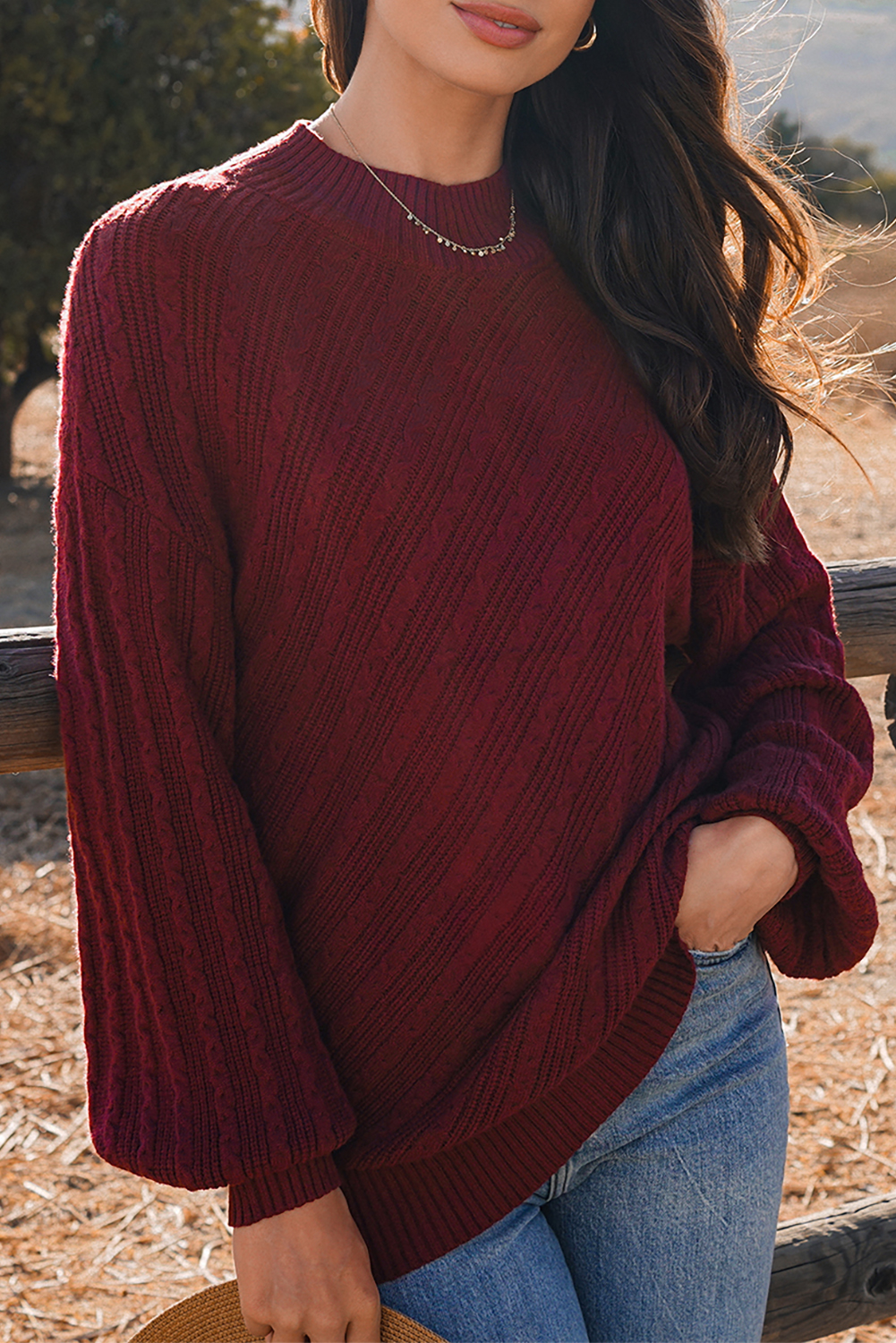 Red Dahlia Solid Color Textured Knit High Neck Drop Shoulder Sweater - loveforevers