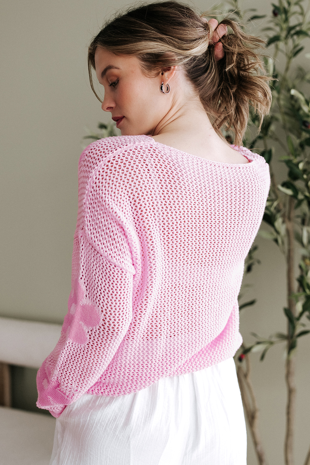 Light Pink Big Flower Hollowed Knit Drop Shoulder Sweater - loveforevers