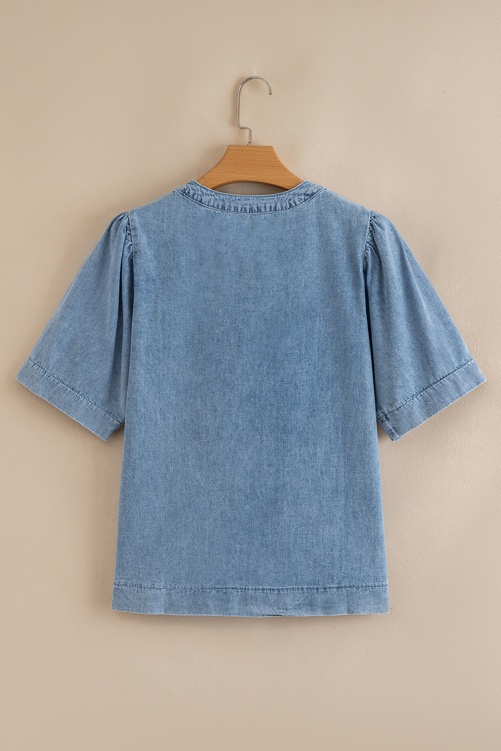Myosotis Pintuck Pleats Puff Sleeve Split V Neck Summer Denim Top - loveforevers