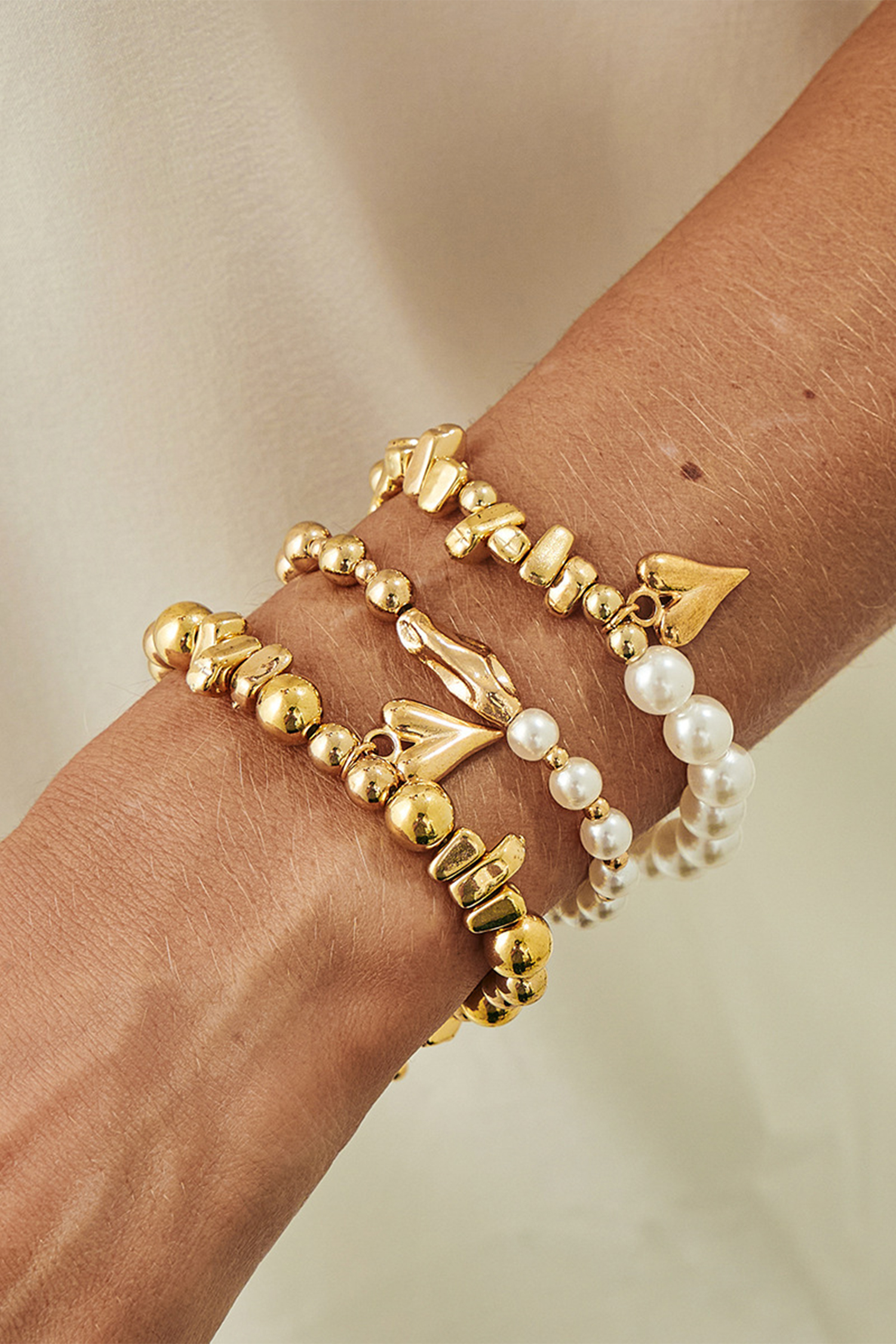 Gold 3pcs Irregular Beads Pearl Detail Bracelet Set - loveforevers