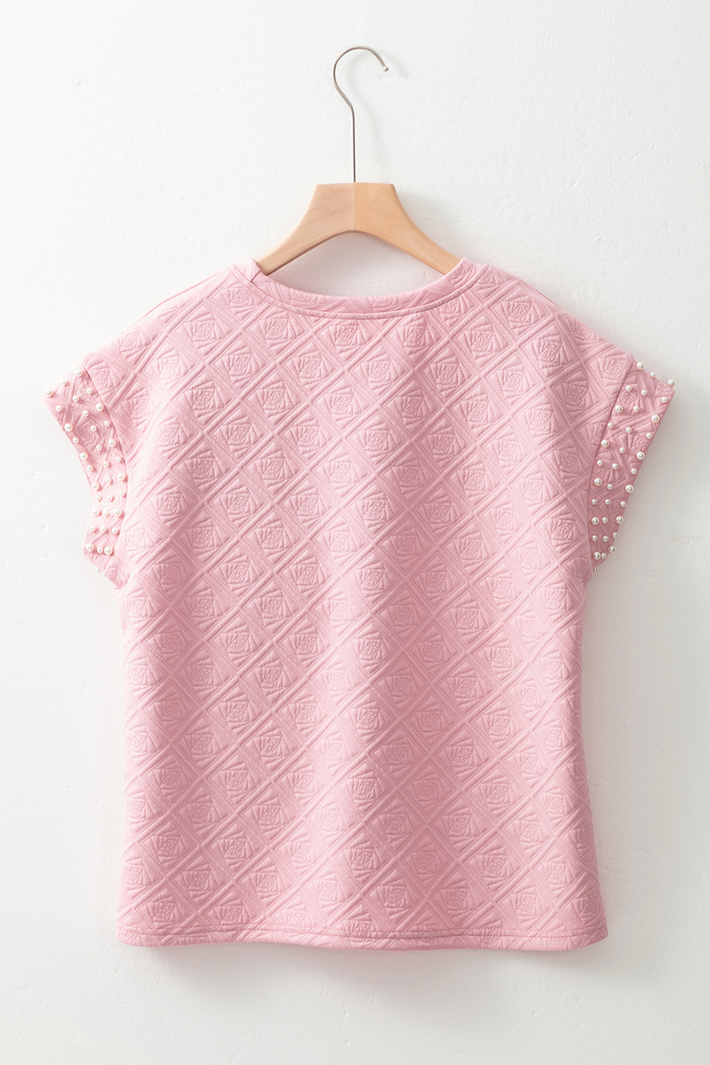 Light Pink Pearl Embellished Flower Textured T Shirt - loveforevers