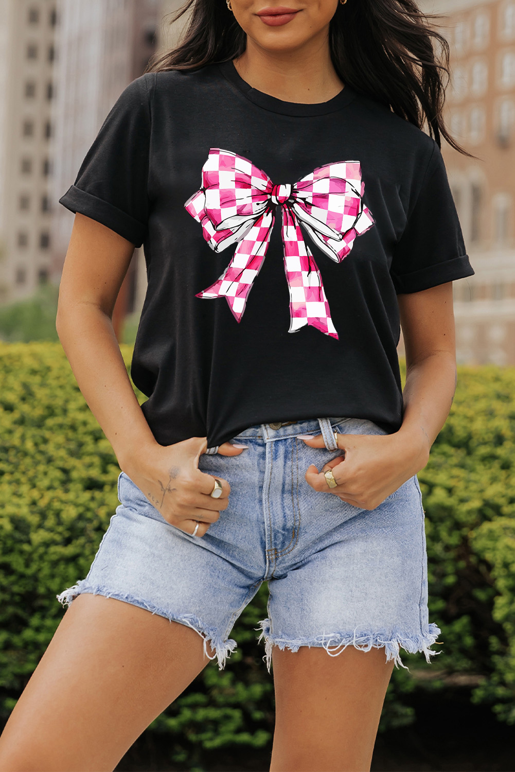 Black Checkerboard Bowknot Graphic Crewneck T Shirt - loveforevers