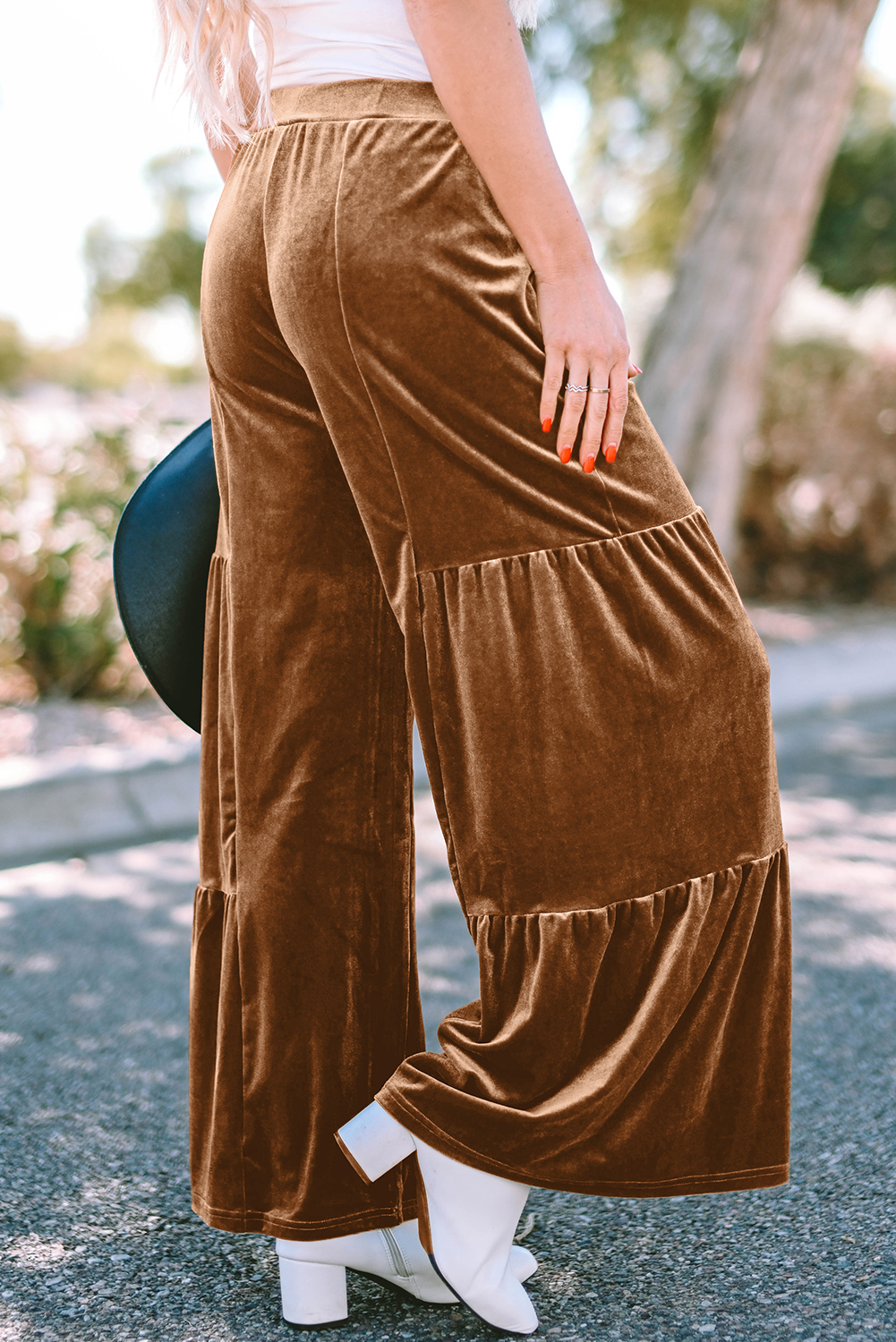 Chestnut Ruffle Hem Wide Leg Velvet Pants - loveforevers