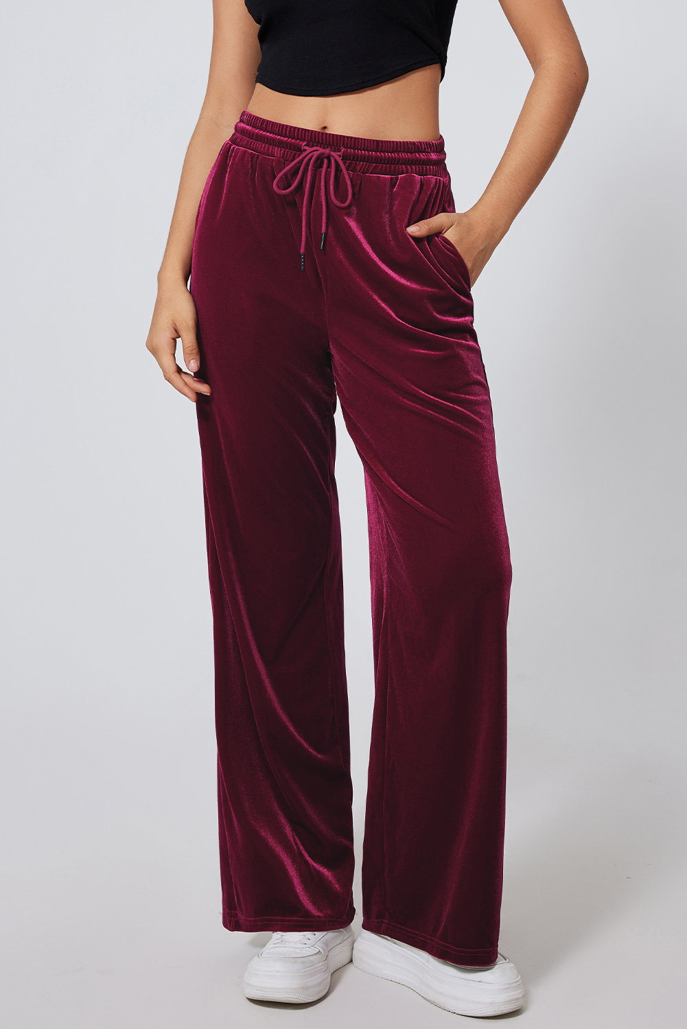 Evergreen Solid Drawstring Waist Wide Leg Pants - loveforevers