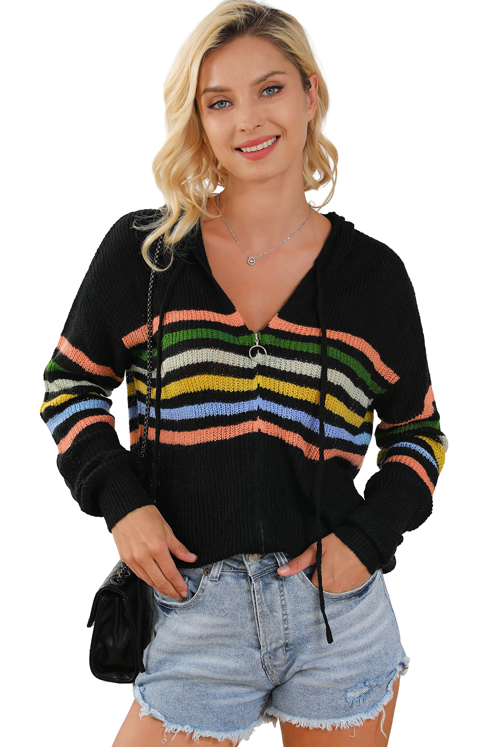 Black Striped Detail Zip Up Hooded Sweater Cardigan - loveforevers