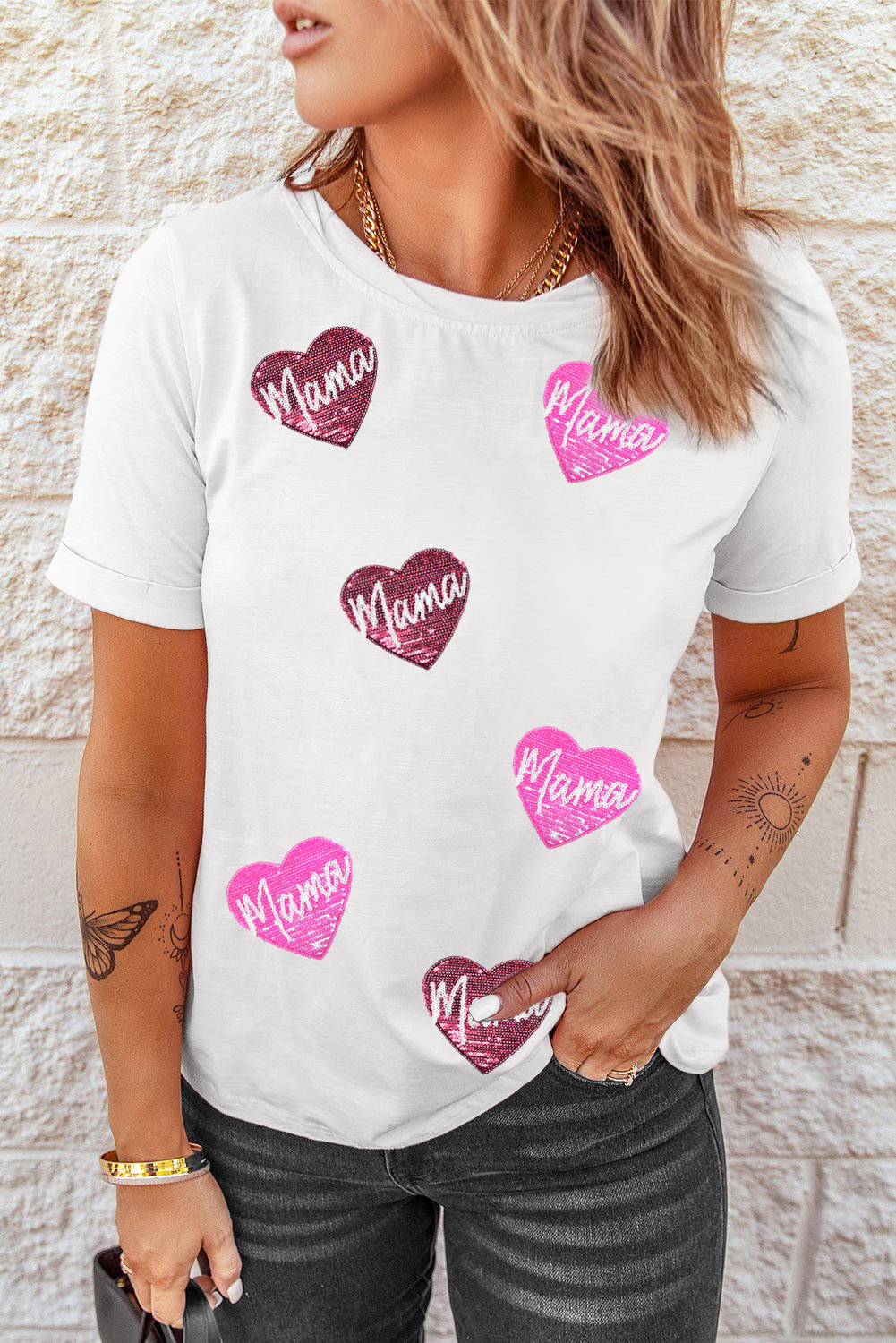 White mama Heart Shape Sequin Patched Crew Neck T Shirt - loveforevers