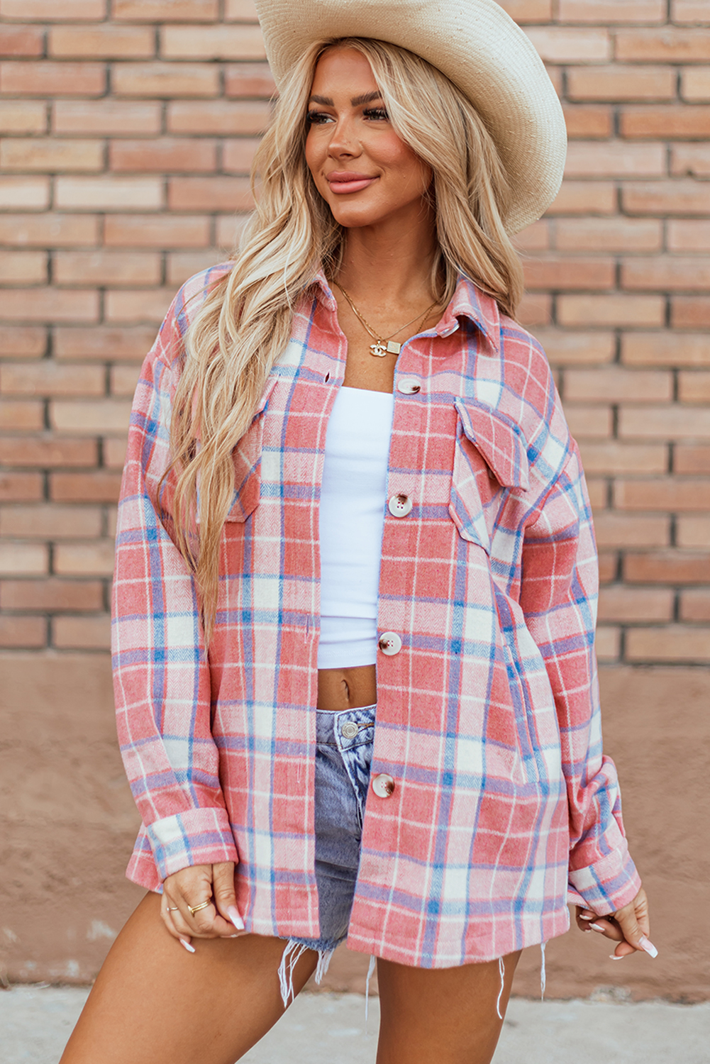 Pink Plaid Flap Pocket Button Up Shacket - loveforevers