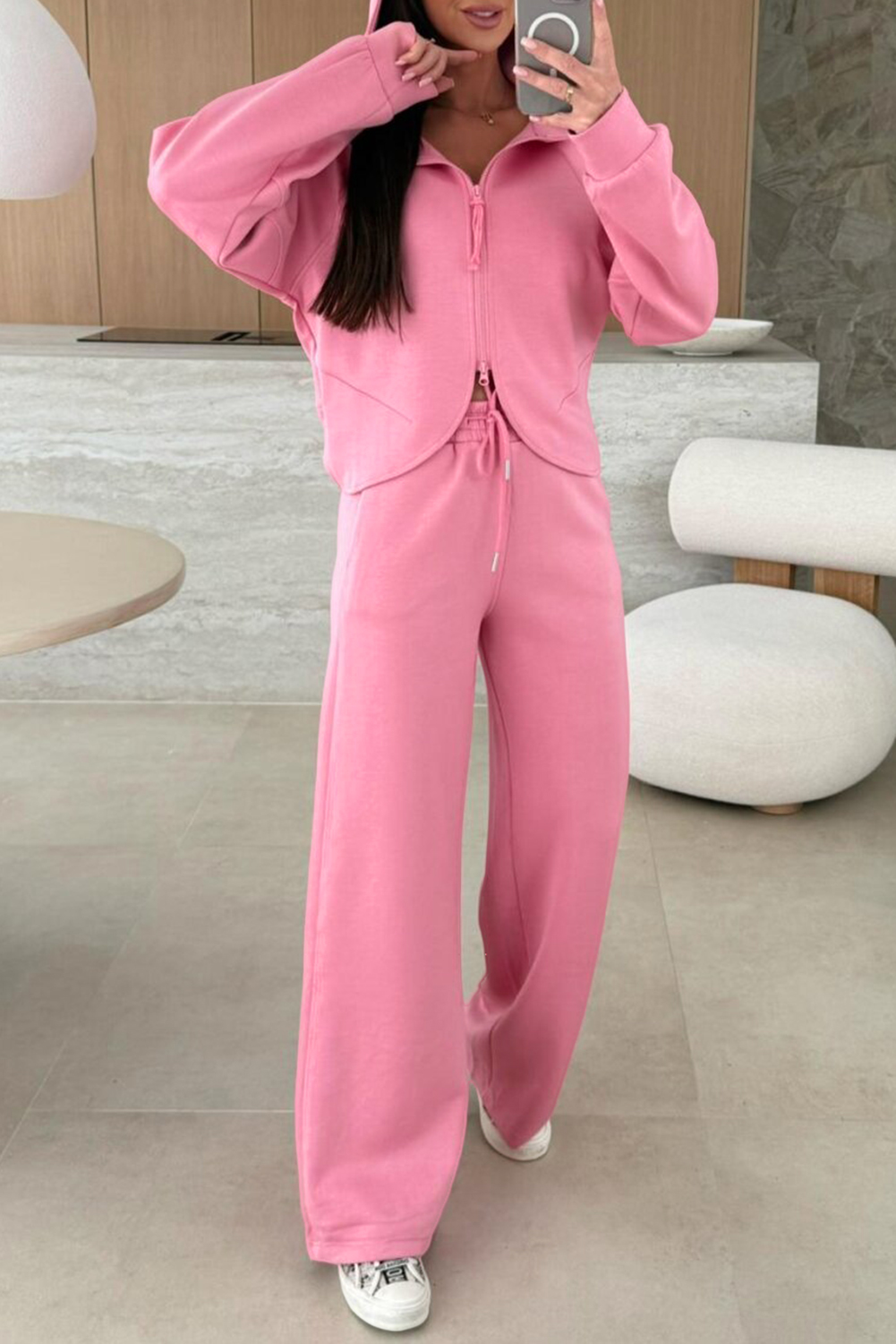 Pink Solid Color Zip Up Hoodie Drawstring Loose Pants Set - loveforevers