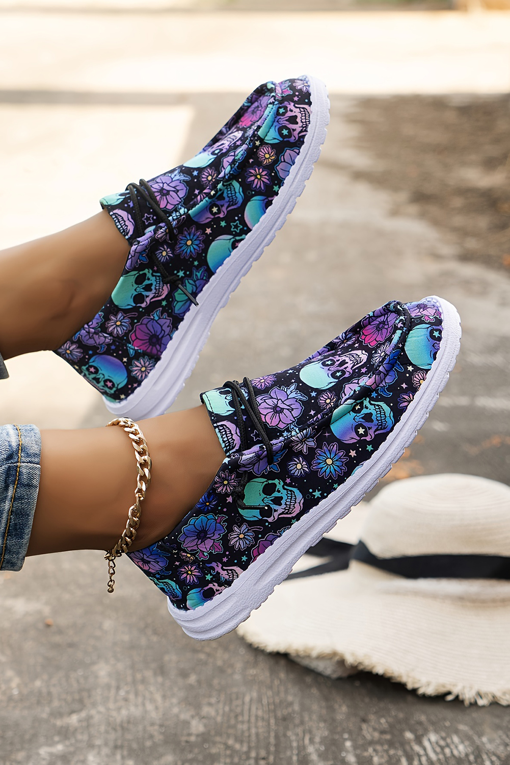Dark Blue Sugar Skull Print Lace-up Detail Halloween Flat Shoes - loveforevers