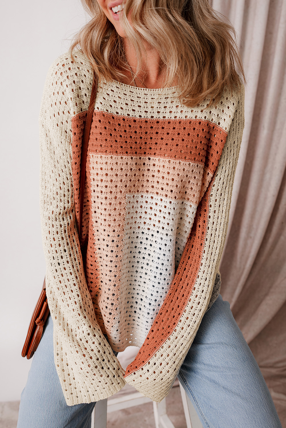 Apricot Pointelle Knit Colorblock Baggy Sweater - loveforevers