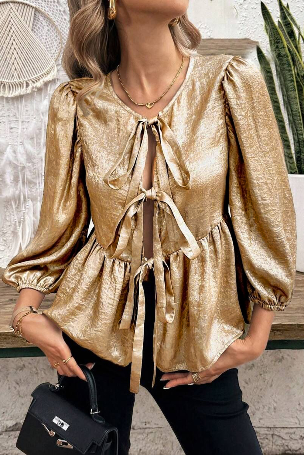 Gold Bow Tie Front Puff 3/4 Sleeve Ruffle Hem Blouse - loveforevers