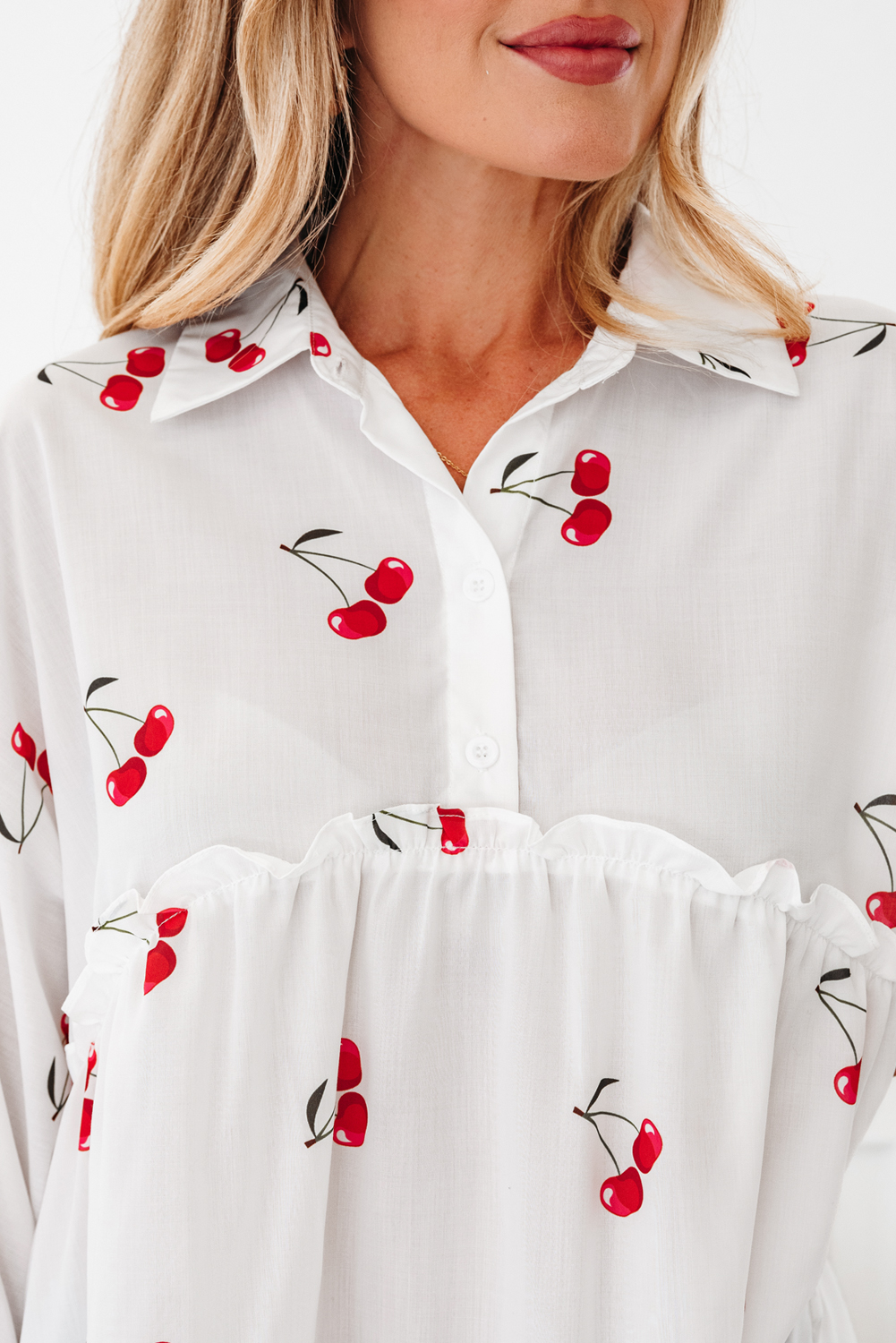 White Cherry Print Flounce Sleeve Collared Frilled Babydoll Blouse - loveforevers