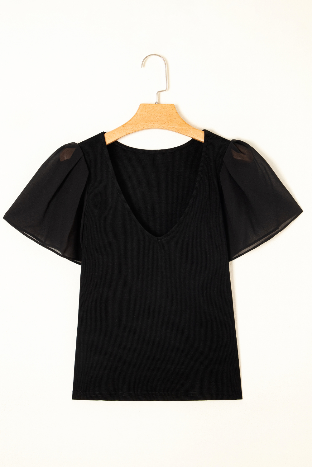 Black Mesh Ruffled Sleeve Slim Fit V Neck Top - loveforevers