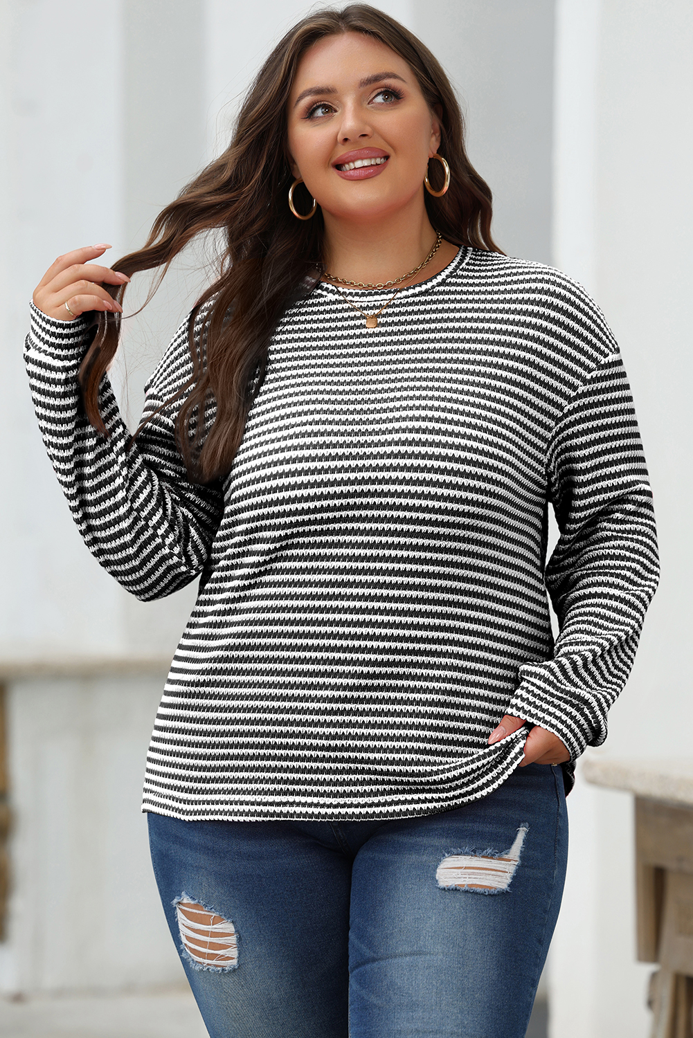 Black Stripe Round Neck Drop Shoulder Long Sleeve Top - loveforevers