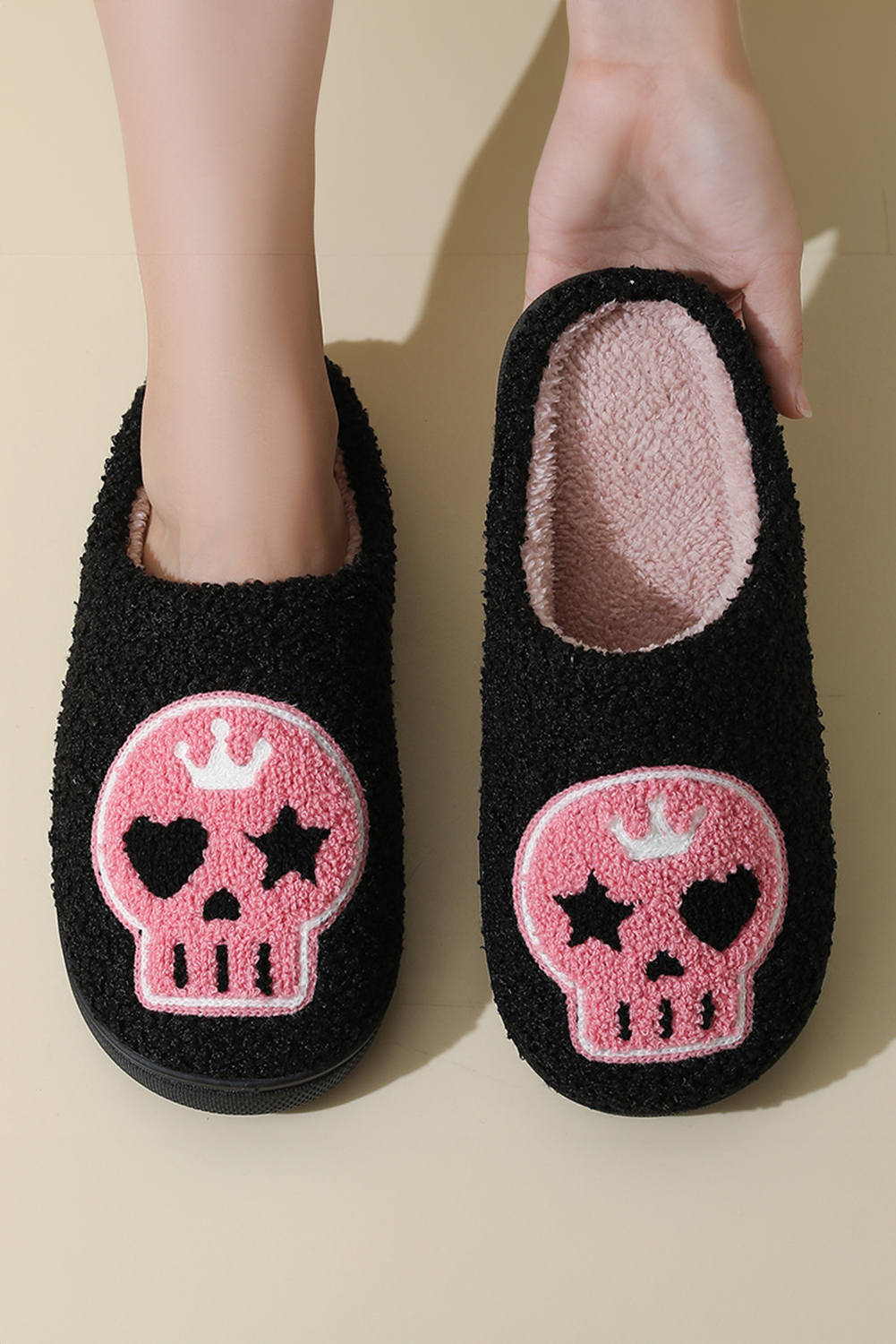 Black Halloween Skull Printed Plush Winter Home Slippers - loveforevers