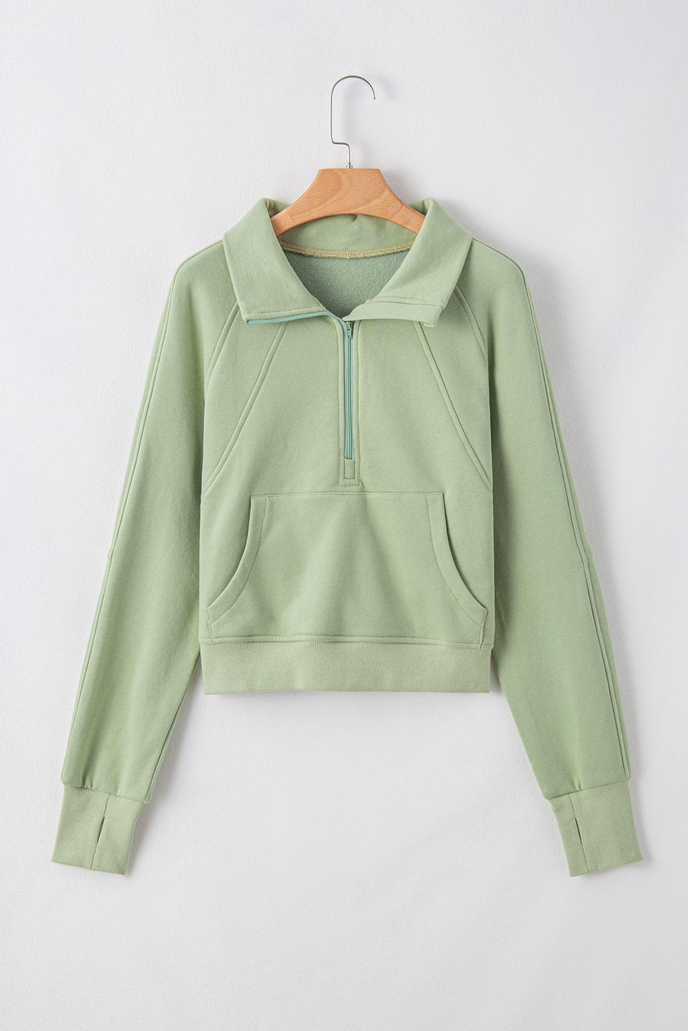 Smoke Green Fleece Lined Zip Up Stand Collar Thumbhole Sleeve Sweatshirt - loveforevers
