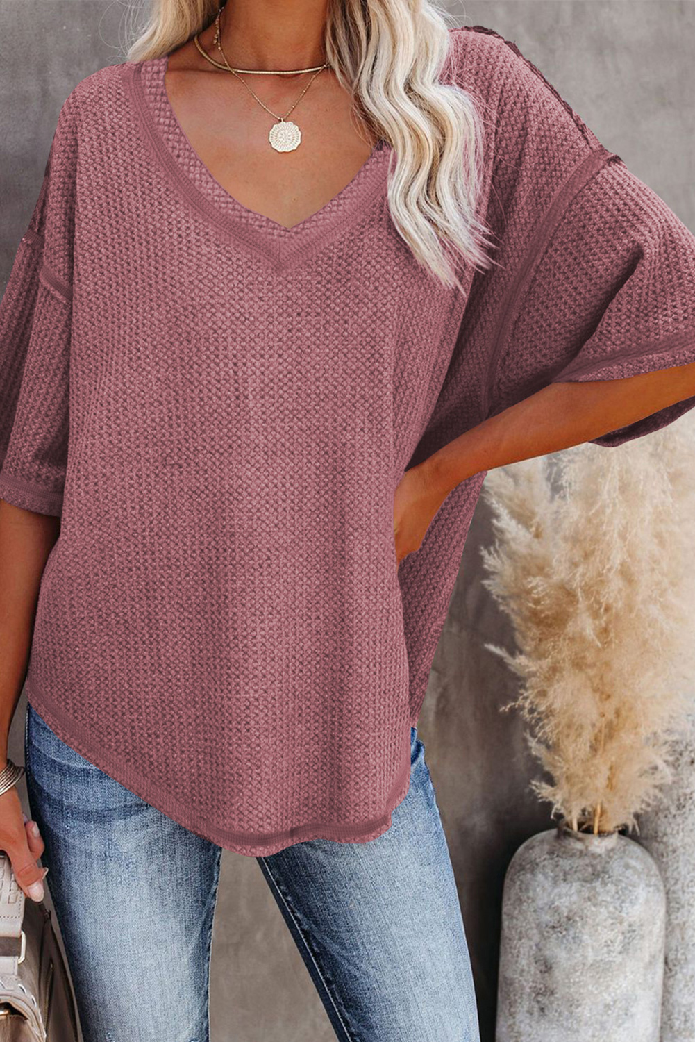 White Exposed Seam Half Sleeve Knitted V Neck Textured Top - loveforevers