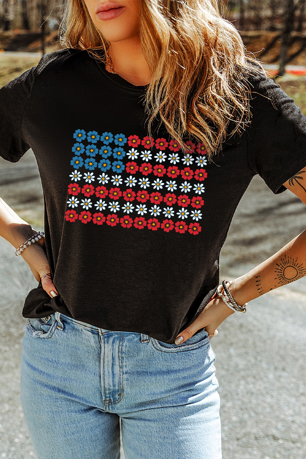 Black Cute Flowers Make Up American Flag Trendy Graphic T Shirt - loveforevers