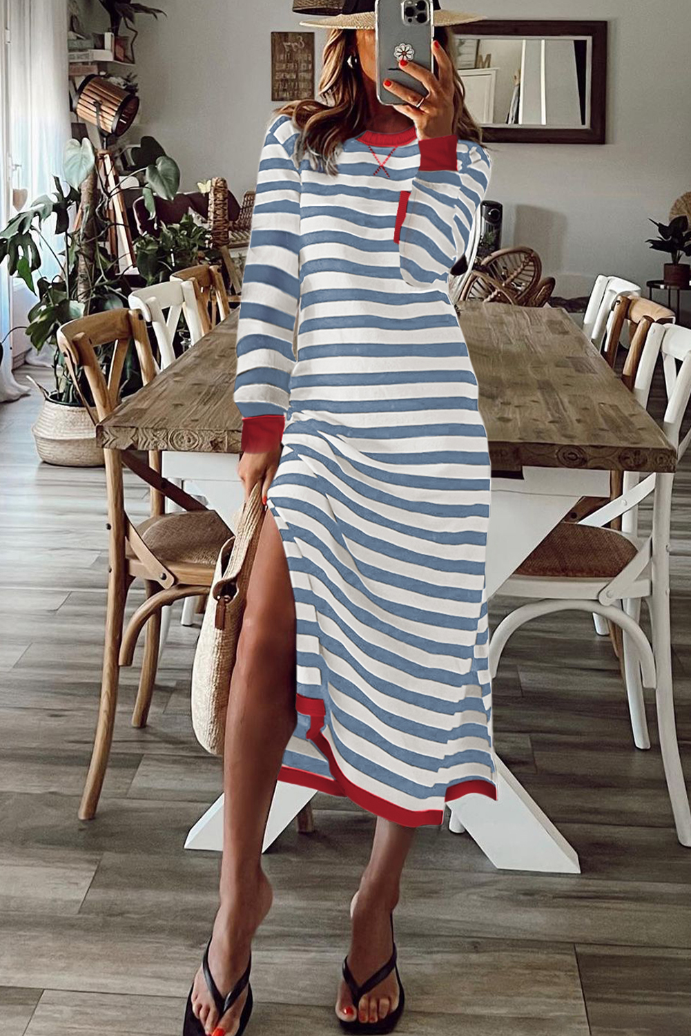 Sky Blue Stripe Striped Print Contrast Edge Long Sleeve Midi Dress with Side Splits - loveforevers