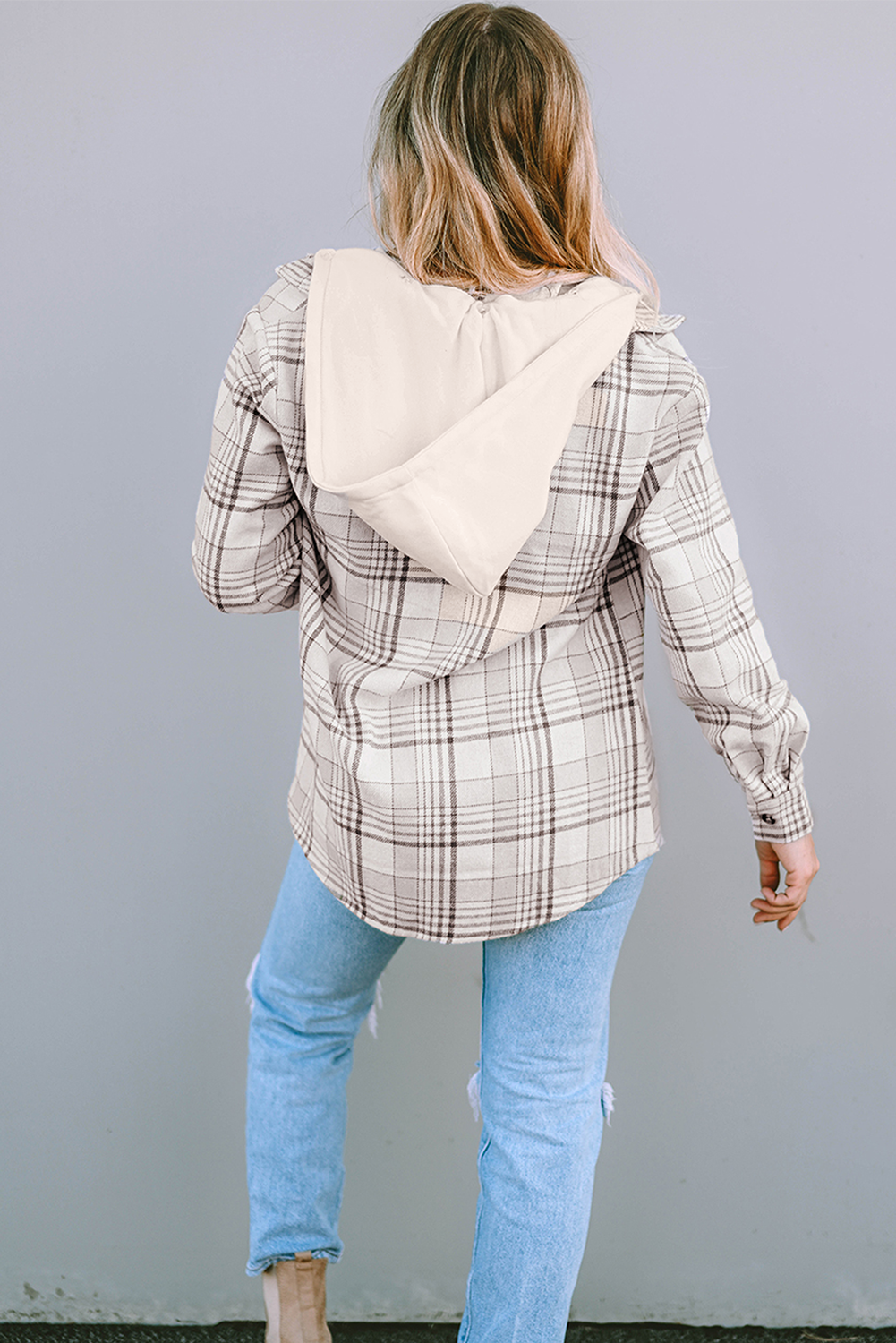Khaki Plaid Removable Hood Buttoned Shacket - loveforevers