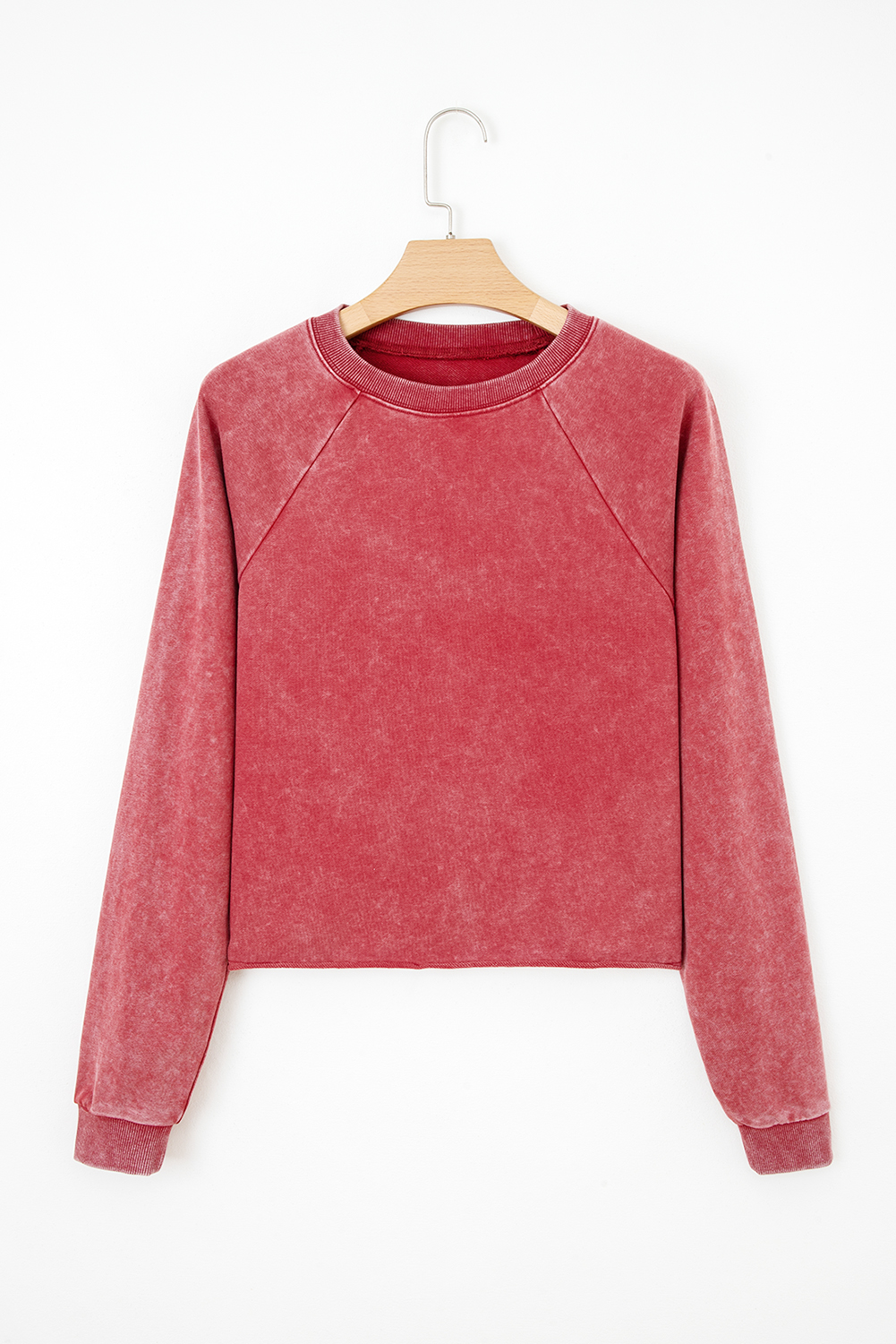 Racing Red Mineral Wash Raglan Sleeve Raw Hem Crop Sweatshirt - loveforevers