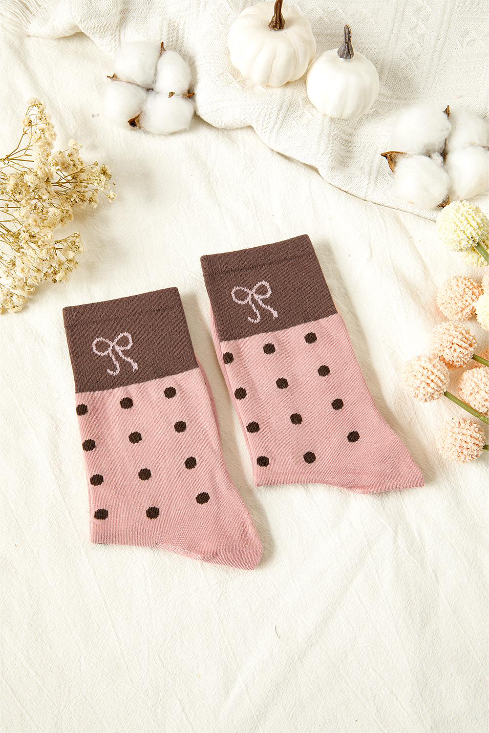 Blossom 1 Pairs Polka Dot Print Contrast Bow Block Socks - loveforevers