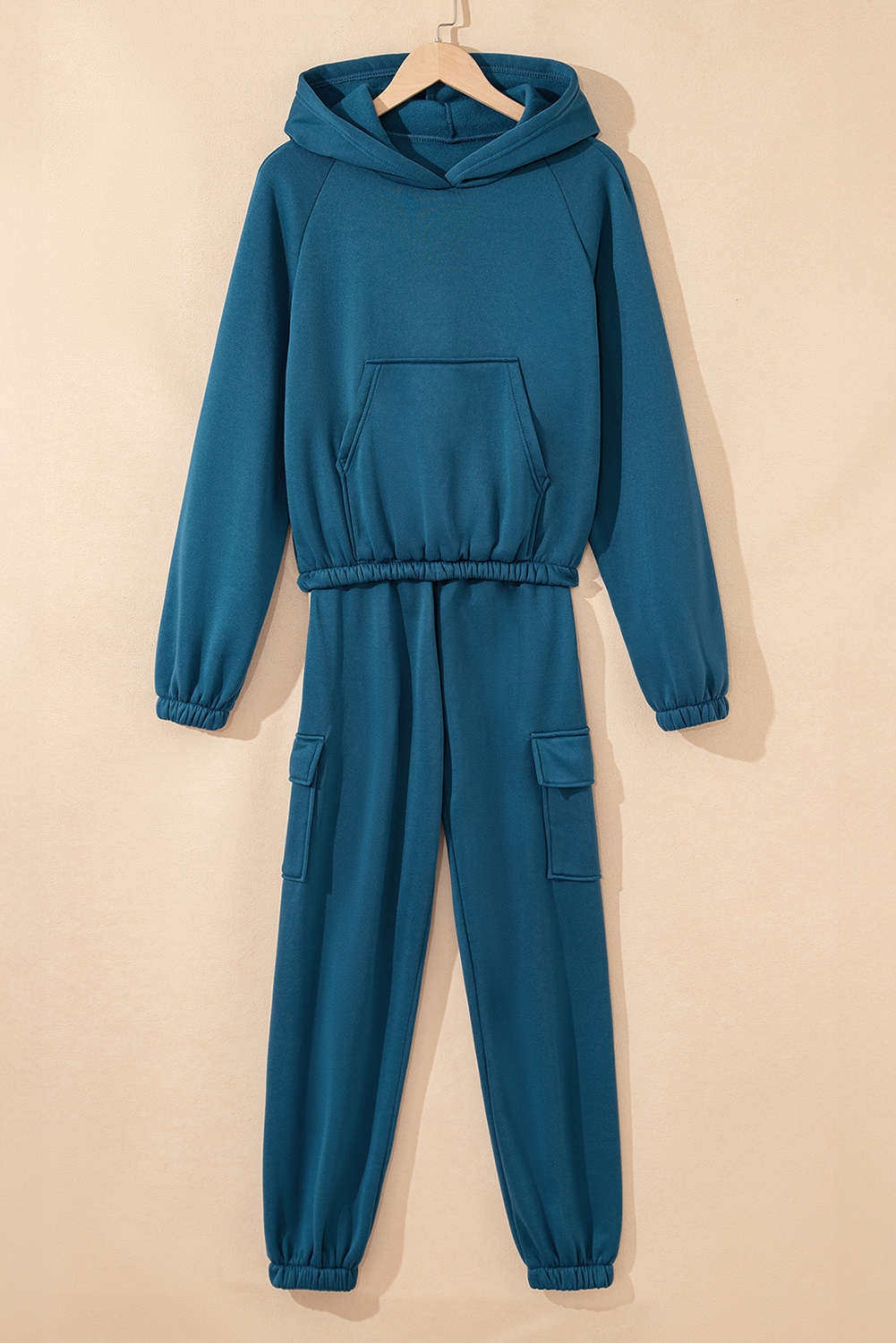 Peacock Blue Cozy Hooded Sweatshirt Drawstring Elastic Waistband Cargo Pant Set - loveforevers