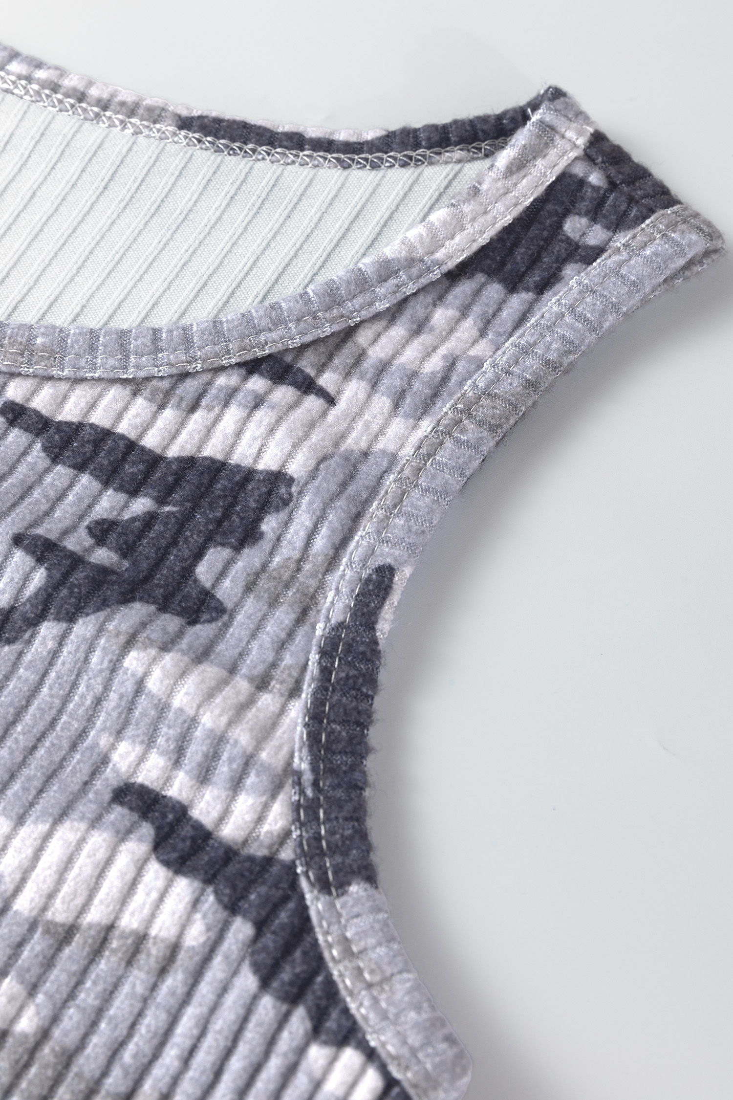 Gray Camouflage Print Ribbed Knit Round Neck Tank Top - loveforevers