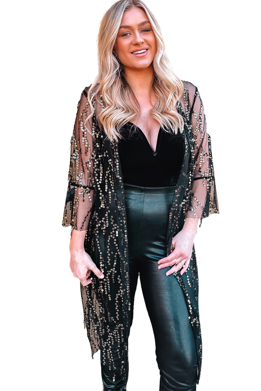 Black Sequin Sheer Long Sleeve Open Front Kimono - loveforevers