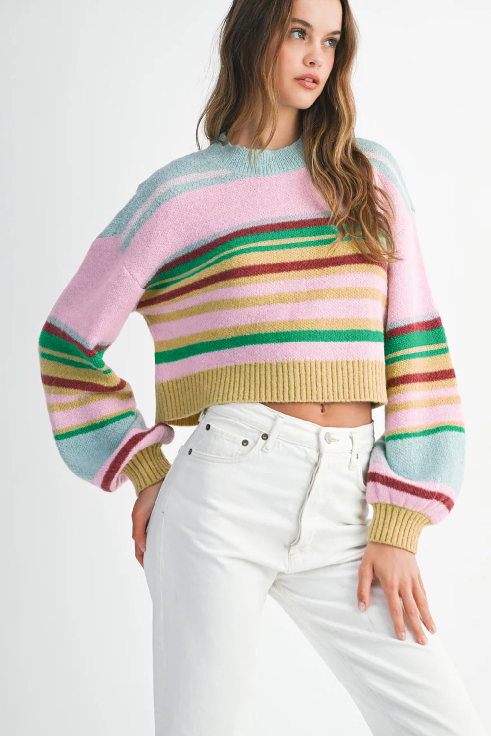 Multicolour Striped Knit Ribbed Trim Boxy Fit Cropped Sweater - loveforevers