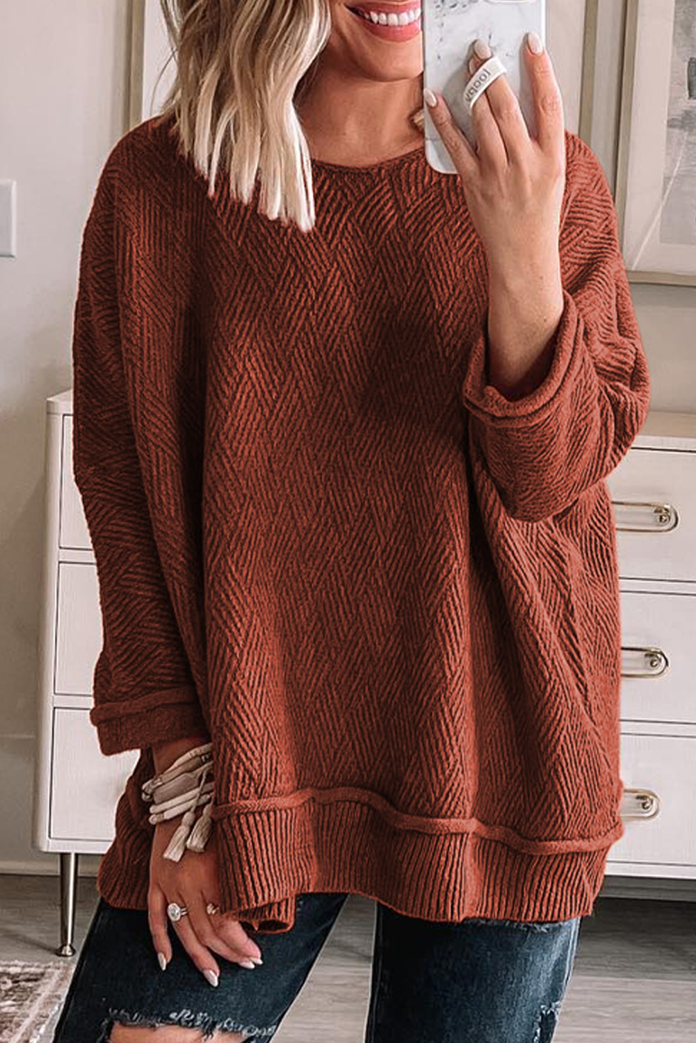 Gold Flame Solid Color Textured Crew Neck Loose Sweater - loveforevers