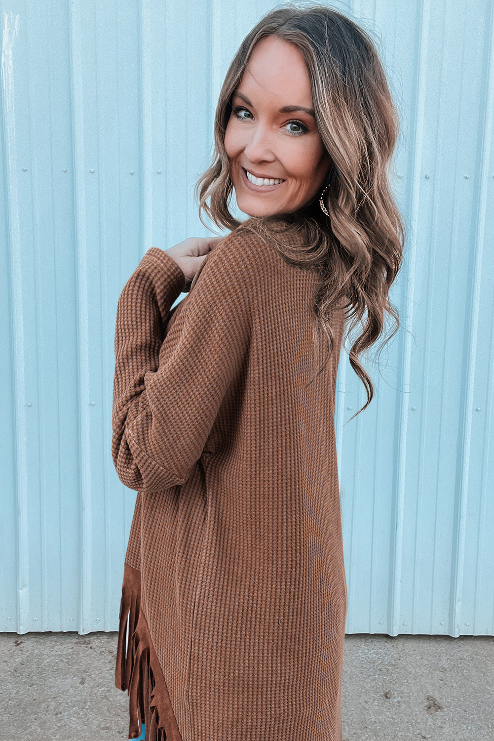 Coffee Waffle Knit Fringed High Low Loose Top - loveforevers