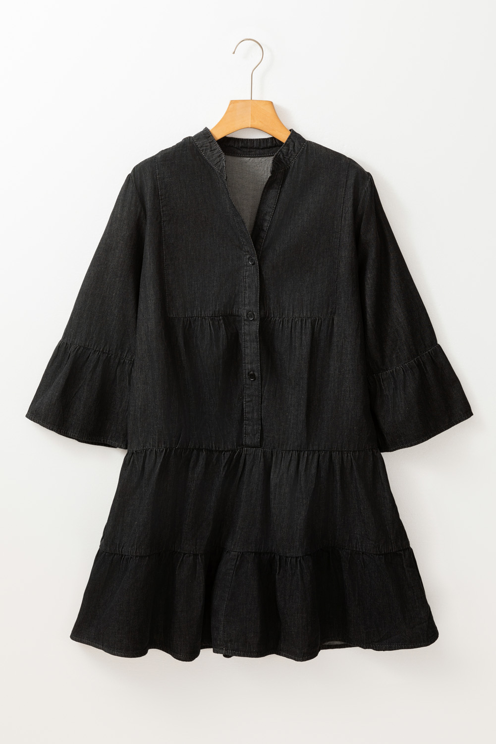 Sky Blue Chambray Ruffled 3/4 Sleeve Tiered Split V Neck Mini Dress - loveforevers