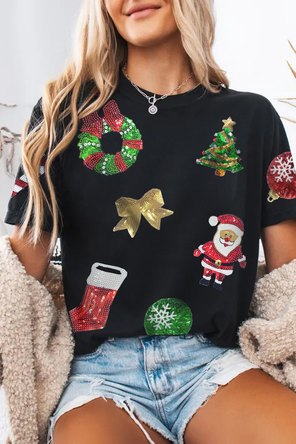 Black Sequin Christmas Essentials Graphic Crewneck T Shirt - loveforevers