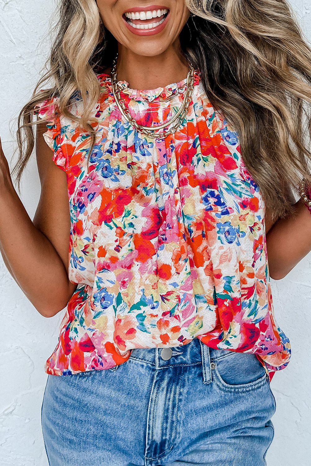 Red Frilled Neck Pleated Boho Floral Tank Top - loveforevers