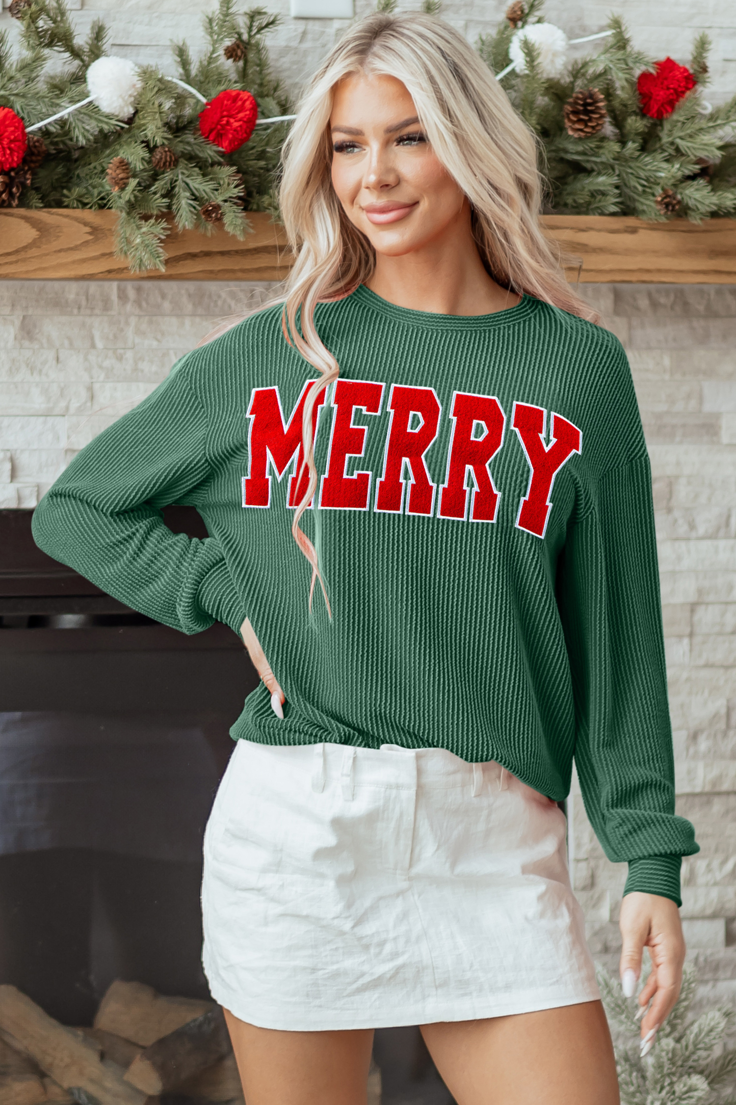 Evergreen Twisted Rib Outlined Merry Letter Graphic Loose Long Sleeve Top - loveforevers