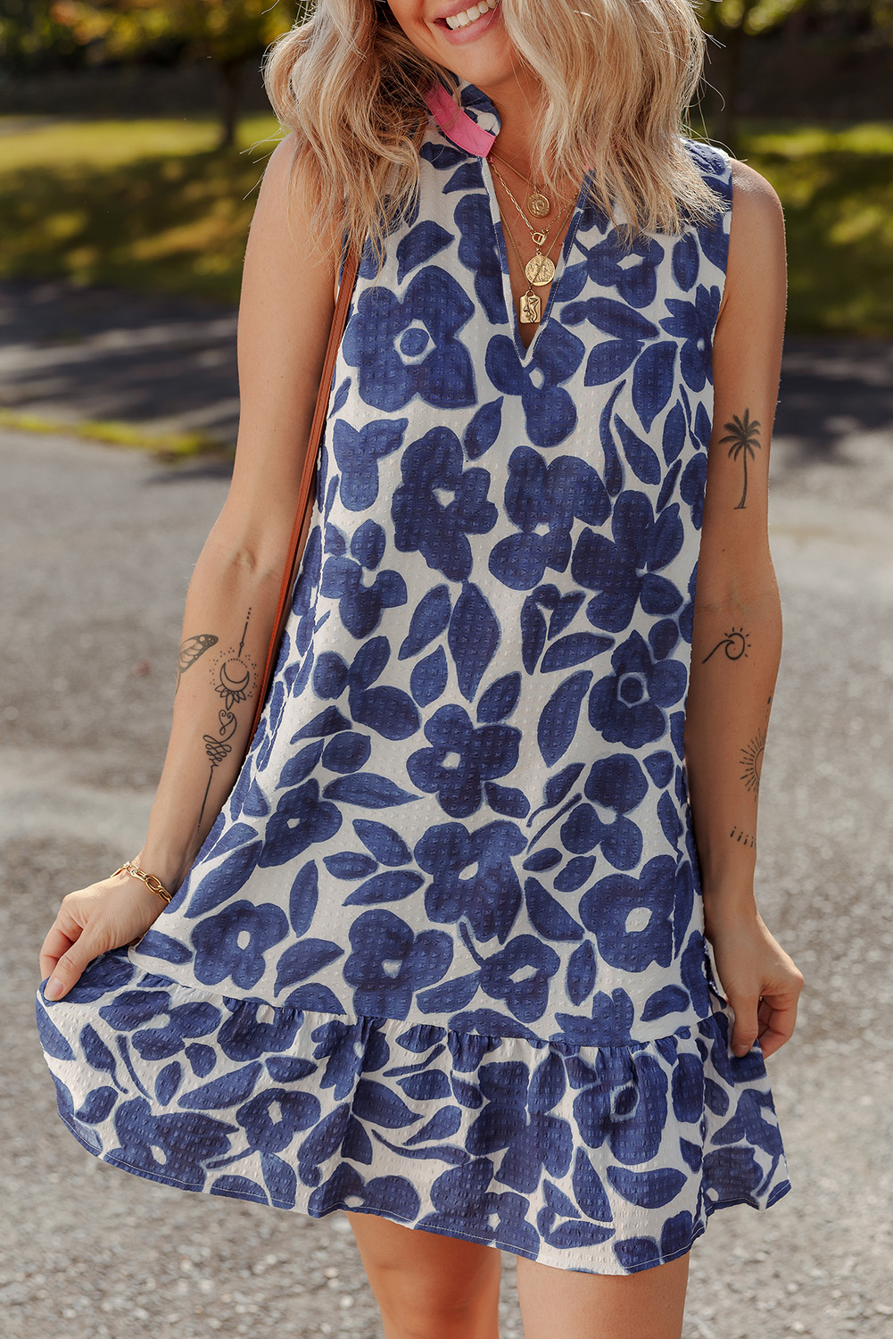 Blue Floral Sleeveless Colorblock Notched V Neck Mini Dress - loveforevers