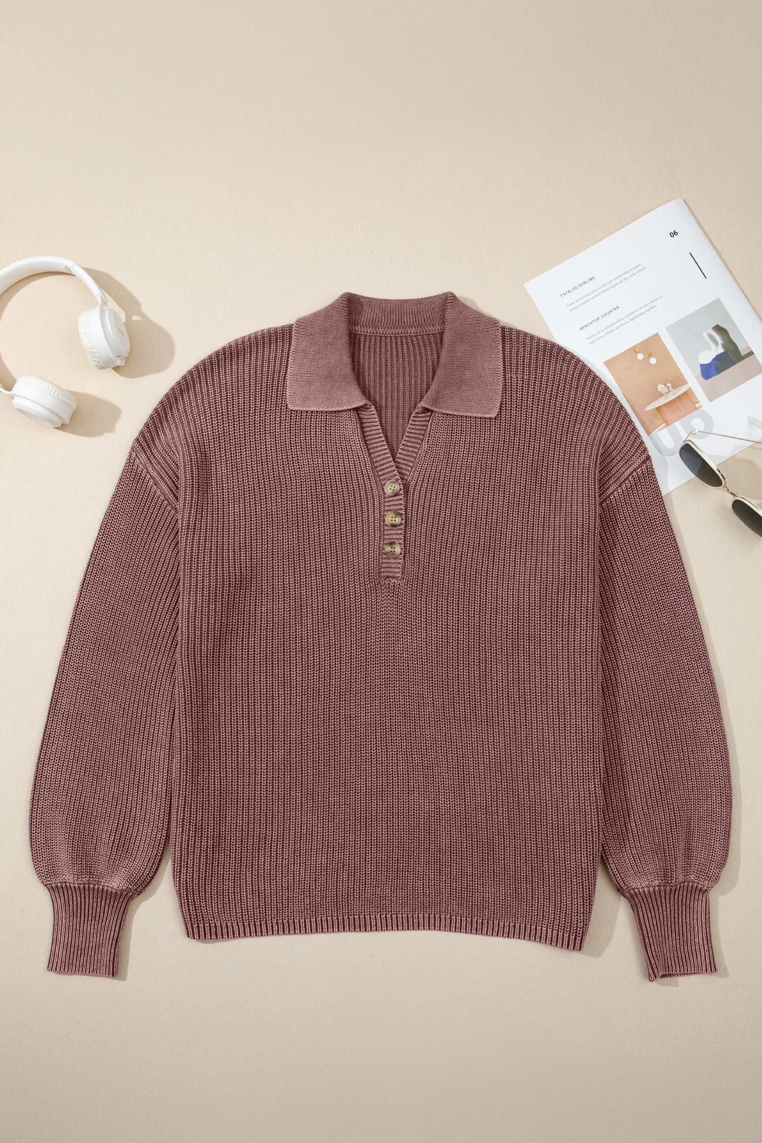 Dark Brown Mineral Washed Knit Button Polo Collar Loose Sweater - loveforevers