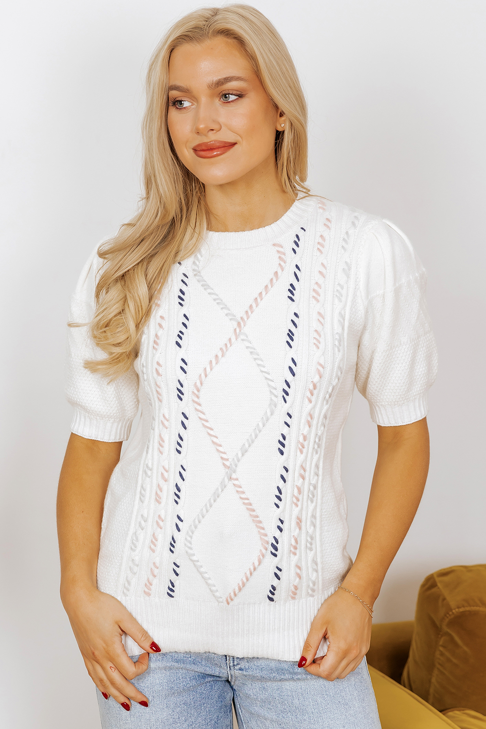 White Multicolor Stitch Detail Cable Knit Short Sleeve Sweater - loveforevers
