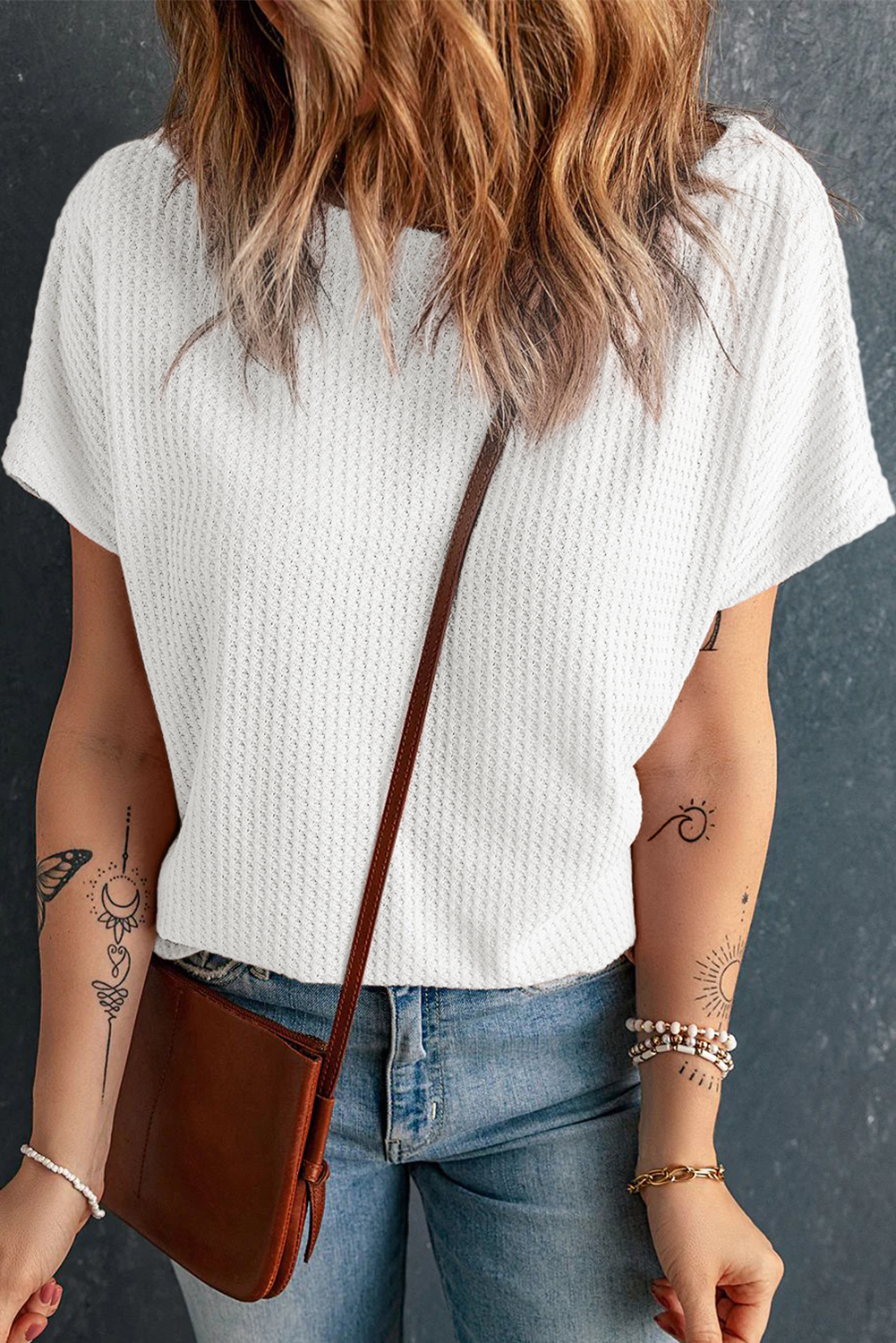 White Waffle Knit Boat Neck Short Sleeve Top - loveforevers