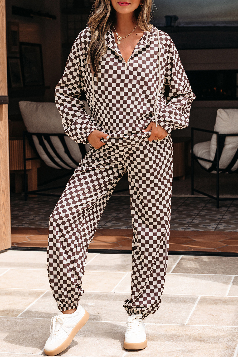Black Athleisure Checkered 2pcs Pants Set - loveforevers